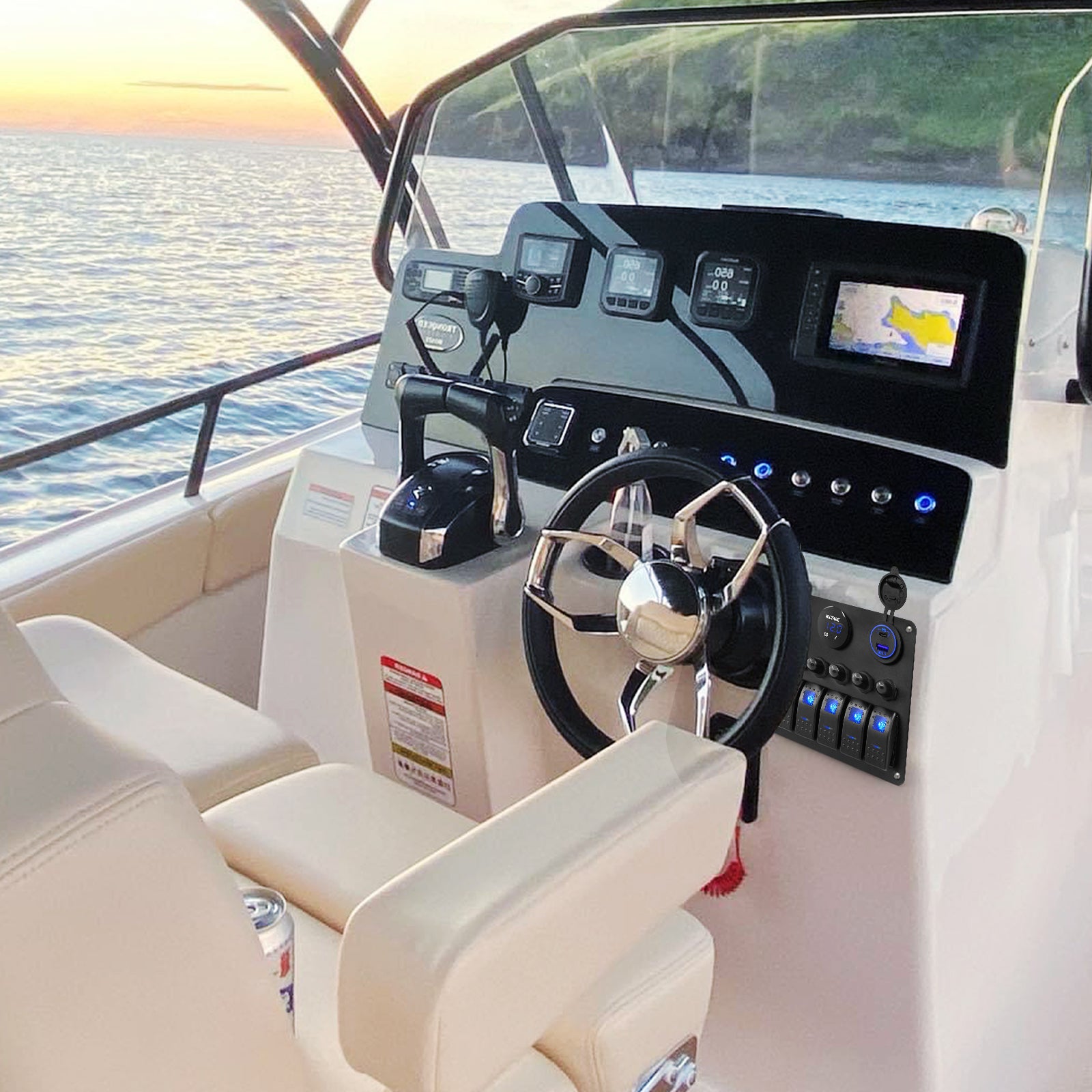 THALASSA 6 Gang Marine Boat Rocker Switch Aluminum Panel Waterproof with Circuit Breaker, Blue Digital Voltage Display, Dual PD+QC3.0 USB Outlet, Cigarette Lighter Port for Car Truck Rv Vehicles Yacht