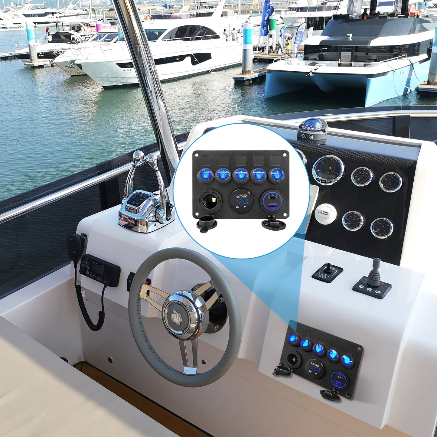 5 Gang Aluminum Rocker Switch Panel Marine Boat Board with Blue Digital Voltage Display + PD Charging Port + QC3.0 USB Port + 12V DC Power Socket with Circuit Breaker for Vehicles Yacht Car Truck RV