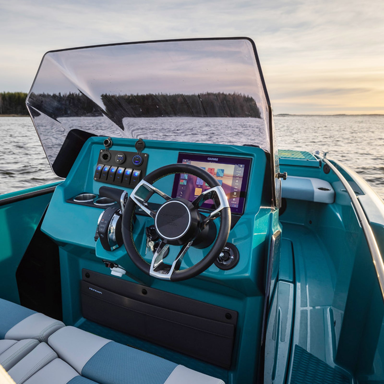 THALASSA 6 Gang Marine Boat Rocker Switch Aluminum Panel Waterproof with Blue Digital Voltage Display, Dual PD +QC3.0 USB Outlet, 12V DC Cigarette Lighter Port for Car Truck Rv Vehicles Yacht