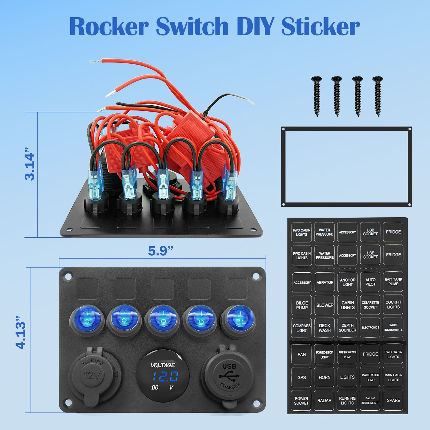 5 Gang Aluminum Rocker Switch Panel Marine Boat Board with Blue Digital Voltage Display + PD Charging Port + QC3.0 USB Port + 12V DC Power Socket with Circuit Breaker for Vehicles Yacht Car Truck RV