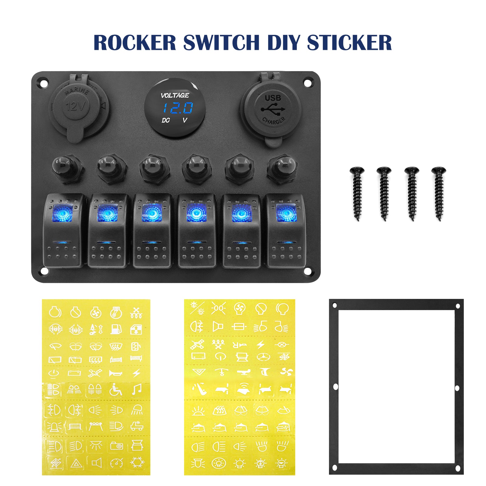THALASSA 6 Gang Marine Boat Rocker Switch Aluminum Panel Waterproof with Circuit Breaker, Blue Digital Voltage Display, Dual PD+QC3.0 USB Outlet, Cigarette Lighter Port for Car Truck Rv Vehicles Yacht