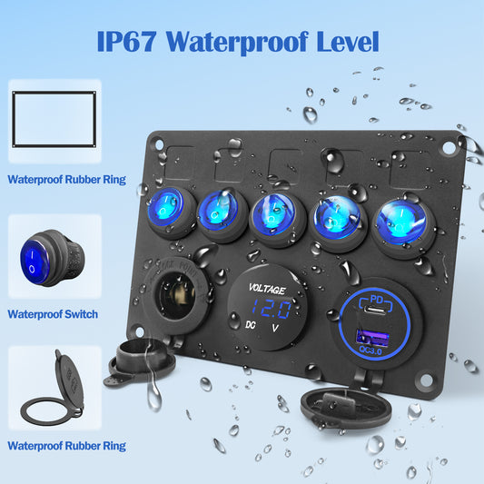 5 Gang Aluminum Rocker Switch Panel Marine Boat Board with Blue Digital Voltage Display + PD Charging Port + QC3.0 USB Port + 12V DC Power Socket with Circuit Breaker for Vehicles Yacht Car Truck RV
