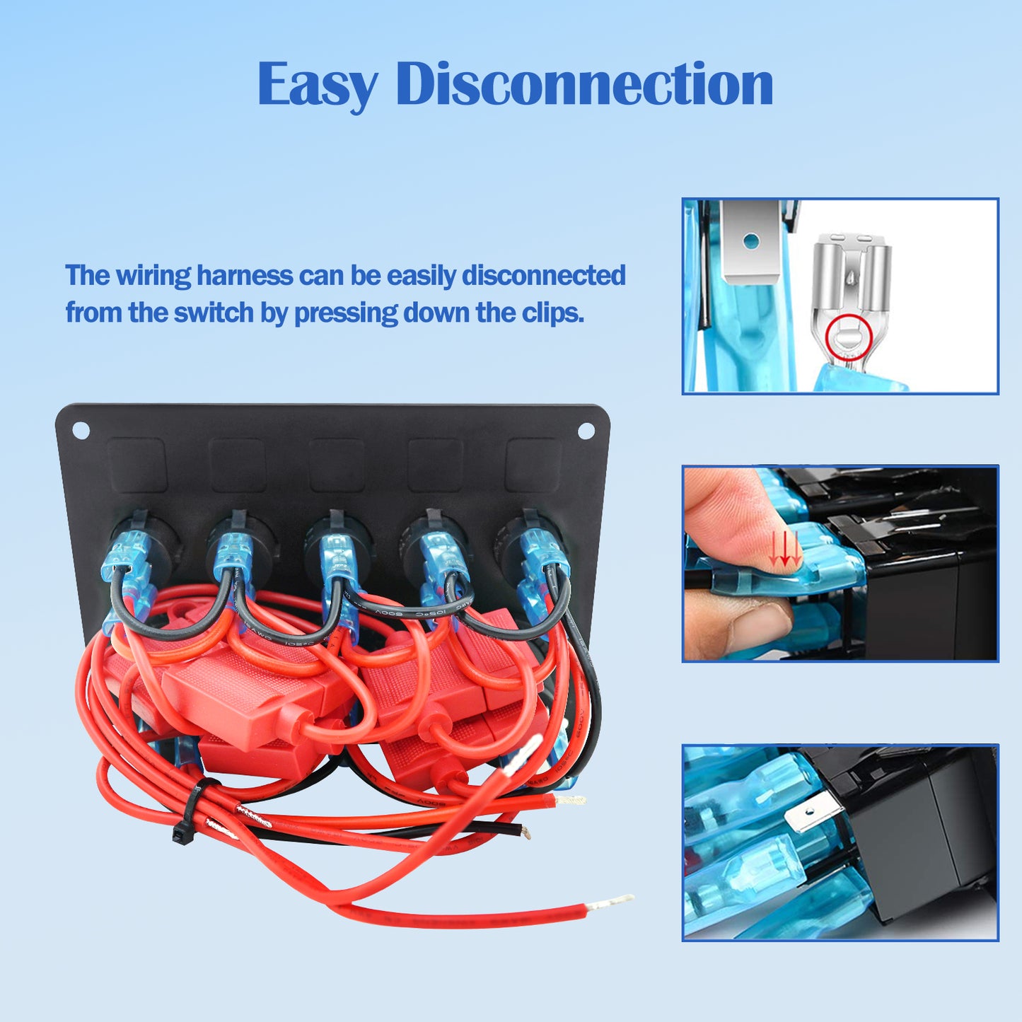 5 Gang Aluminum Rocker Switch Panel Marine Boat Board with Blue Digital Voltage Display + PD Charging Port + QC3.0 USB Port + 12V DC Power Socket with Circuit Breaker for Vehicles Yacht Car Truck RV