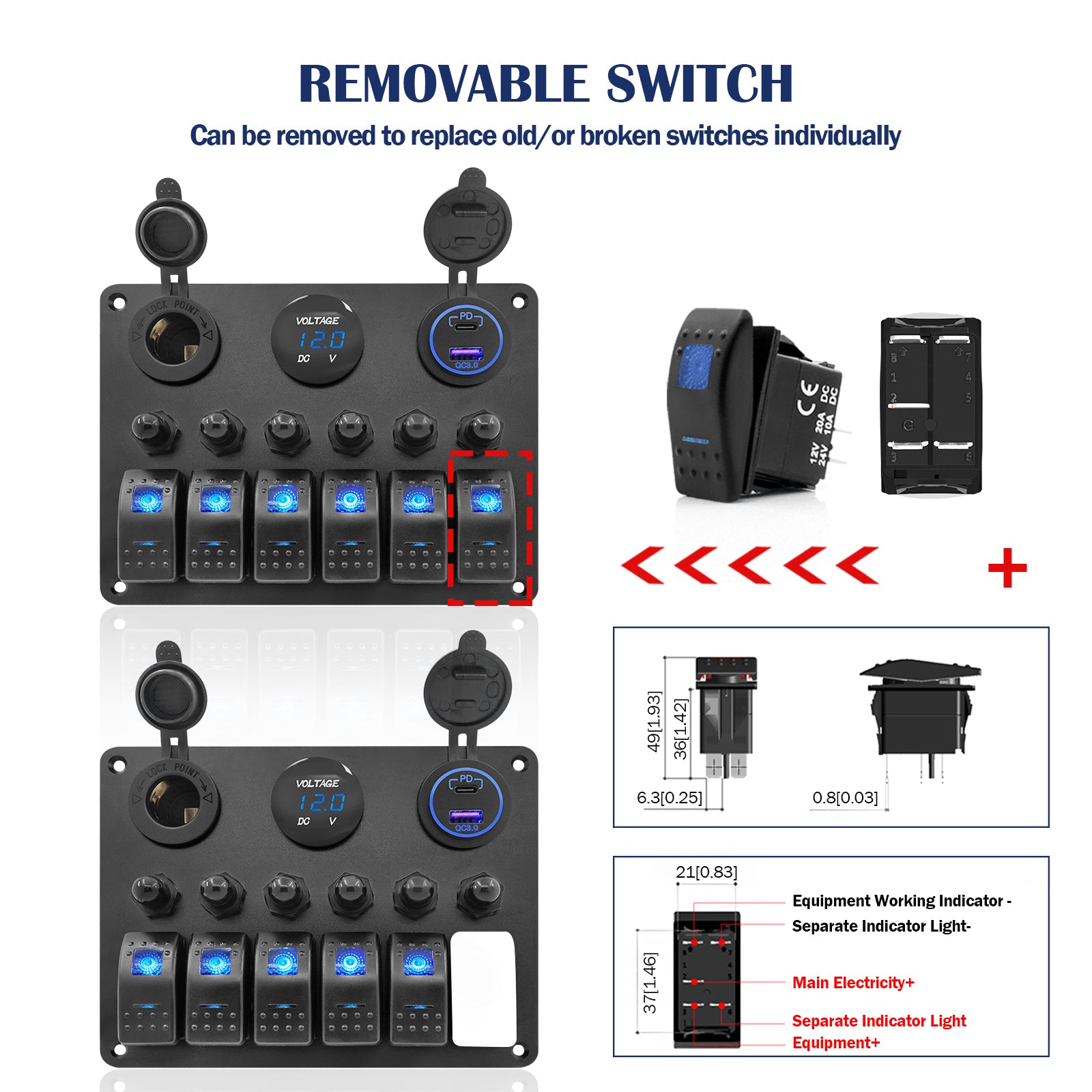 THALASSA 6 Gang Marine Boat Rocker Switch Aluminum Panel Waterproof with Circuit Breaker, Blue Digital Voltage Display, Dual PD+QC3.0 USB Outlet, Cigarette Lighter Port for Car Truck Rv Vehicles Yacht