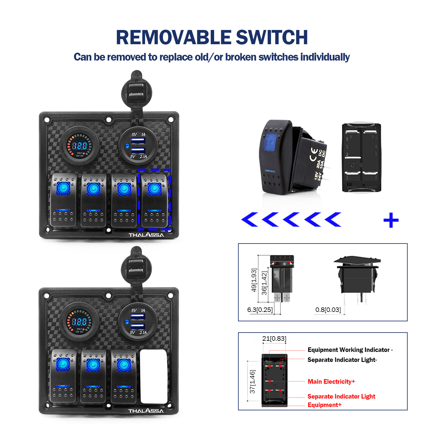 4 Gang Waterproof Marine Boat Rocker Switch Panel with Color Digital Voltage Display, 3.1A Dual USB Outlet with 15A Fuse, 12V Used for RV Car Truck Rv Vehicles Yacht