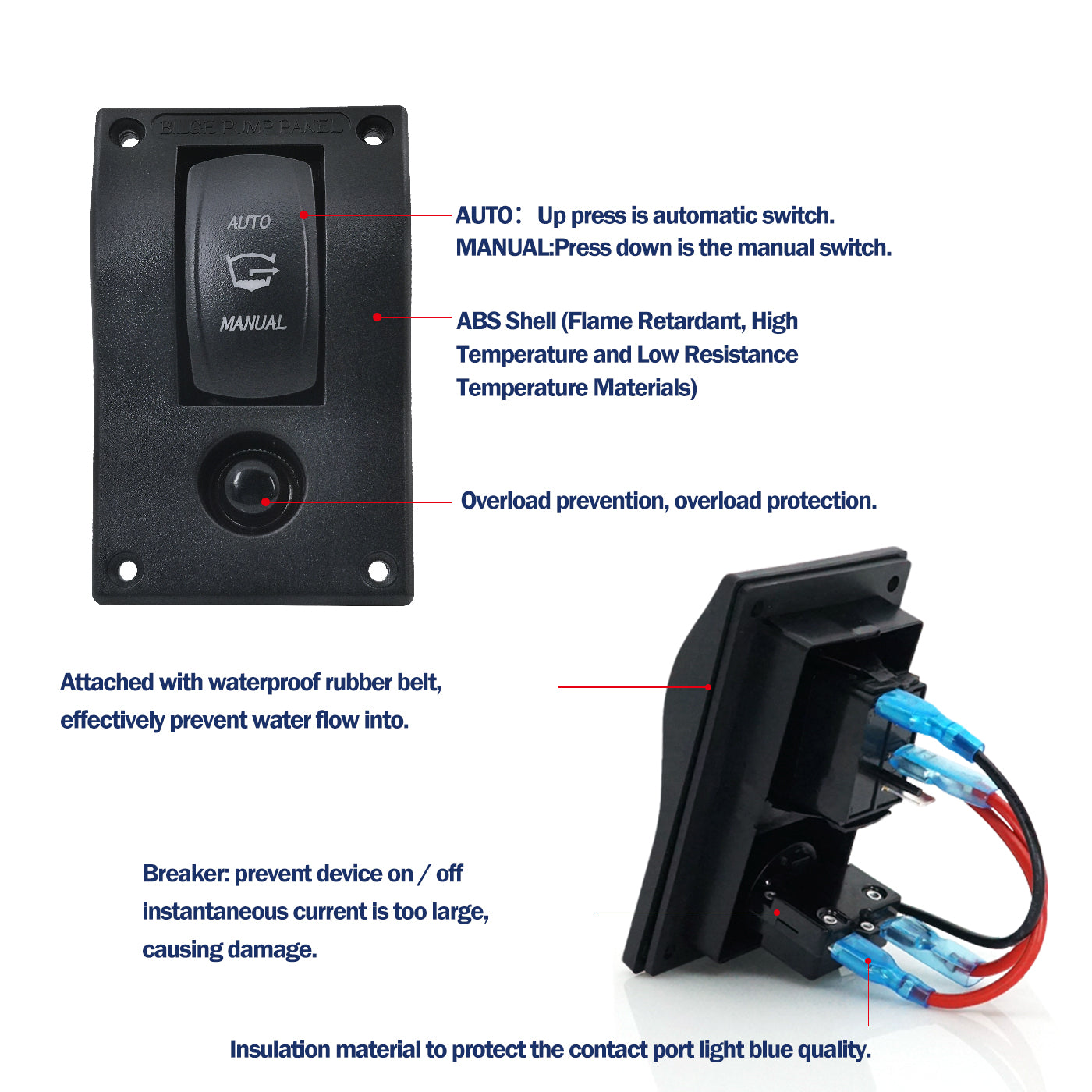 3-Position Bilge Pump Rocker Switch Panel, Automatic - Off - Manual Three Positions to Control The Pumps, DC 12v 24v with 10A Fuse Circuit Breaker, Auto/Hand-Driven with LED Indicator for Boat Ship