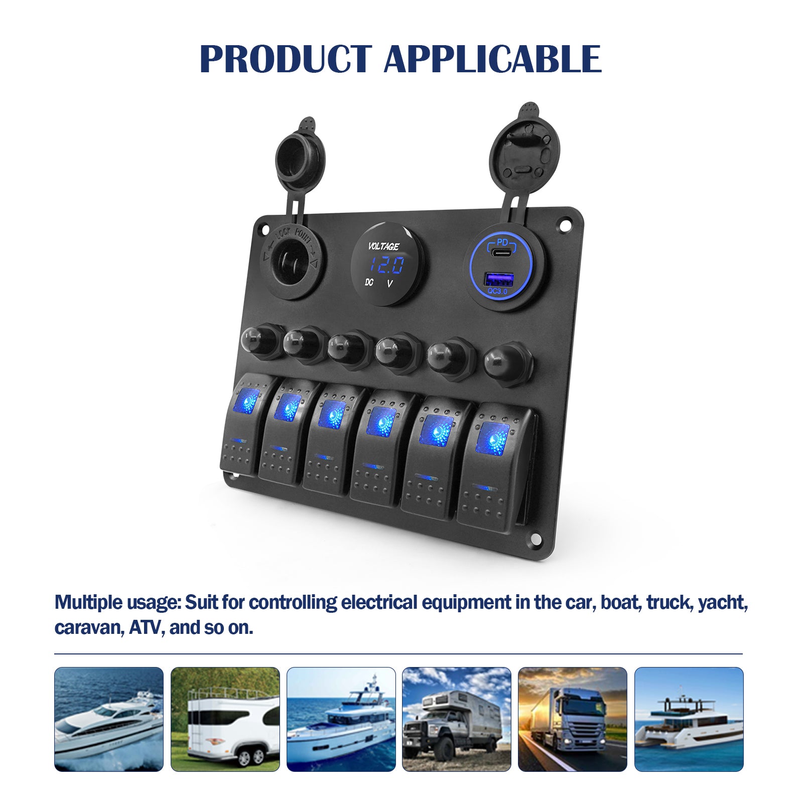 THALASSA 6 Gang Marine Boat Rocker Switch Aluminum Panel Waterproof with Circuit Breaker, Blue Digital Voltage Display, Dual PD+QC3.0 USB Outlet, Cigarette Lighter Port for Car Truck Rv Vehicles Yacht