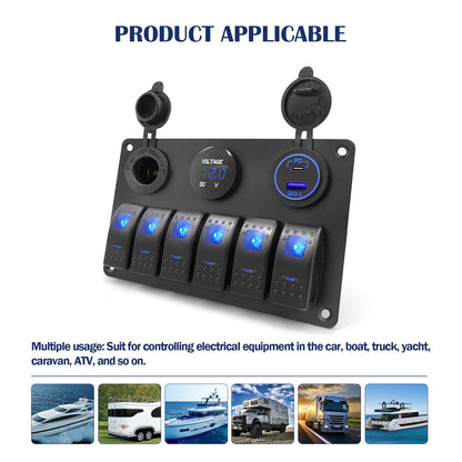 THALASSA 6 Gang Marine Boat Rocker Switch Aluminum Panel Waterproof with Blue Digital Voltage Display, Dual PD +QC3.0 USB Outlet, 12V DC Cigarette Lighter Port for Car Truck Rv Vehicles Yacht