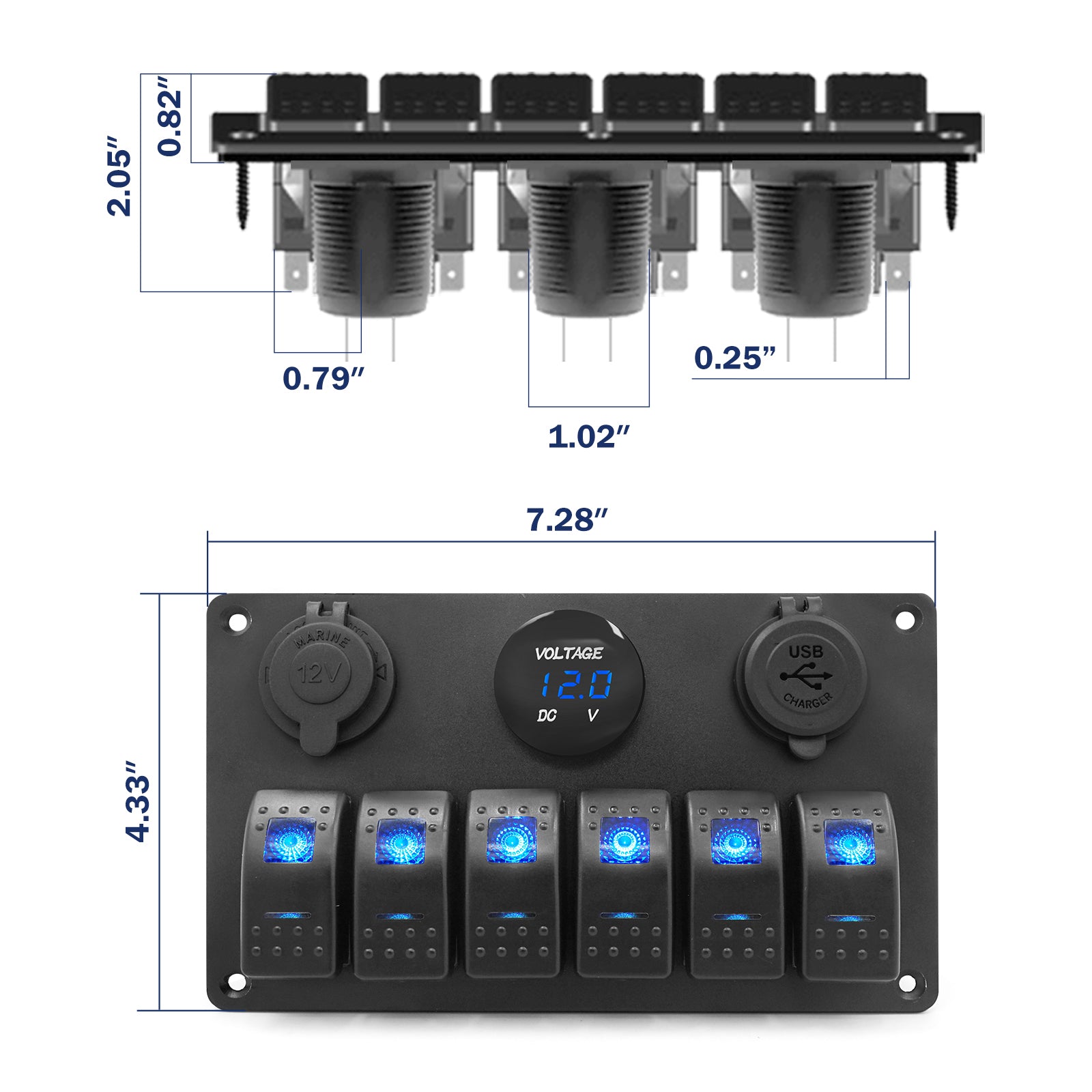 THALASSA 6 Gang Marine Boat Rocker Switch Aluminum Panel Waterproof with Blue Digital Voltage Display, Dual PD +QC3.0 USB Outlet, 12V DC Cigarette Lighter Port for Car Truck Rv Vehicles Yacht