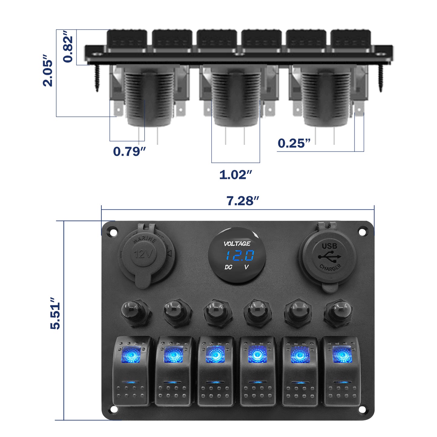 THALASSA 6 Gang Marine Boat Rocker Switch Aluminum Panel Waterproof with Circuit Breaker, Blue Digital Voltage Display, Dual PD+QC3.0 USB Outlet, Cigarette Lighter Port for Car Truck Rv Vehicles Yacht