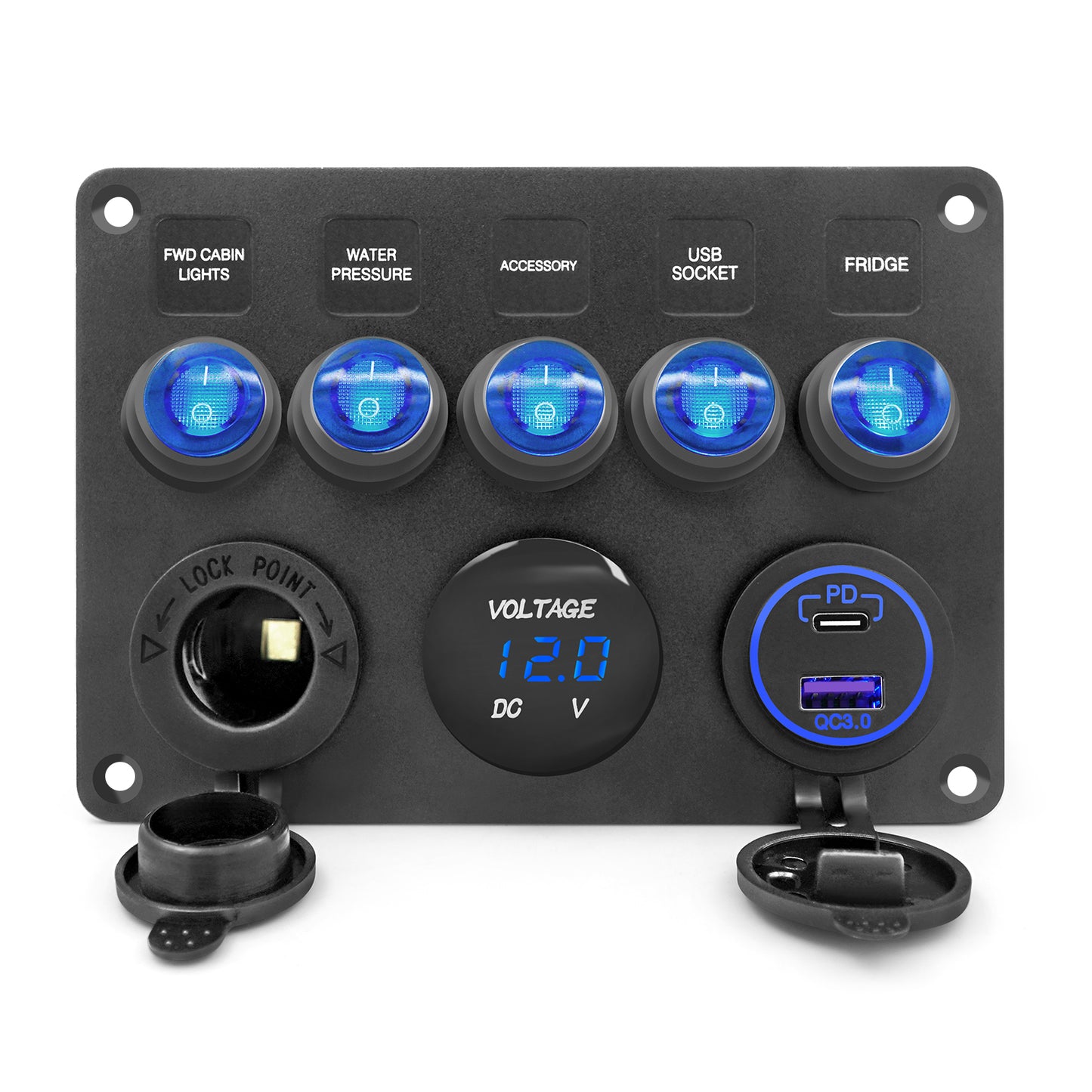 5 Gang Aluminum Rocker Switch Panel Marine Boat Board with Blue Digital Voltage Display + PD Charging Port + QC3.0 USB Port + 12V DC Power Socket with Circuit Breaker for Vehicles Yacht Car Truck RV