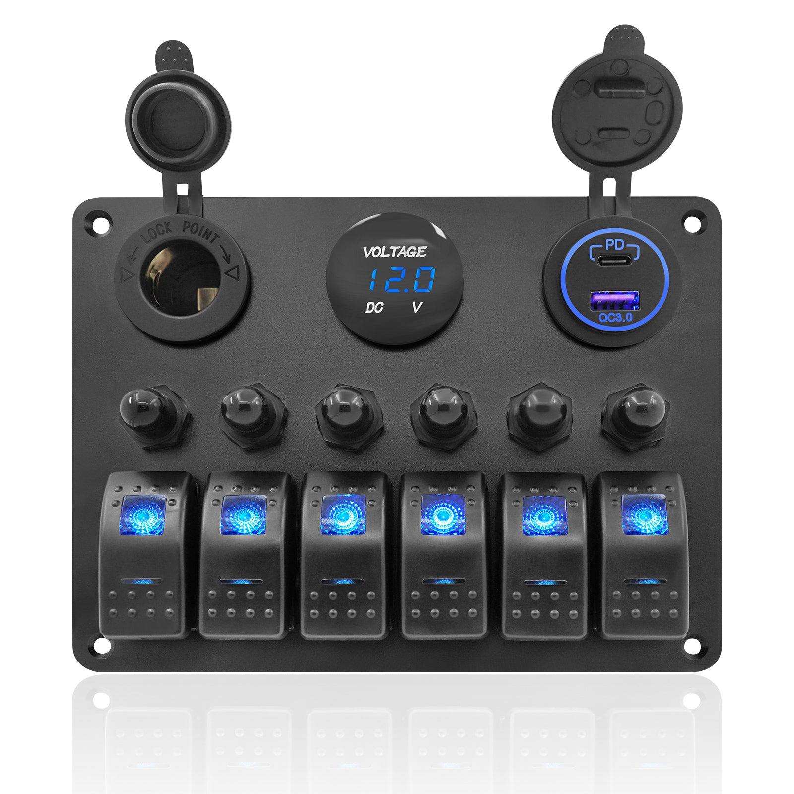 THALASSA 6 Gang Marine Boat Rocker Switch Aluminum Panel Waterproof with Circuit Breaker, Blue Digital Voltage Display, Dual PD+QC3.0 USB Outlet, Cigarette Lighter Port for Car Truck Rv Vehicles Yacht