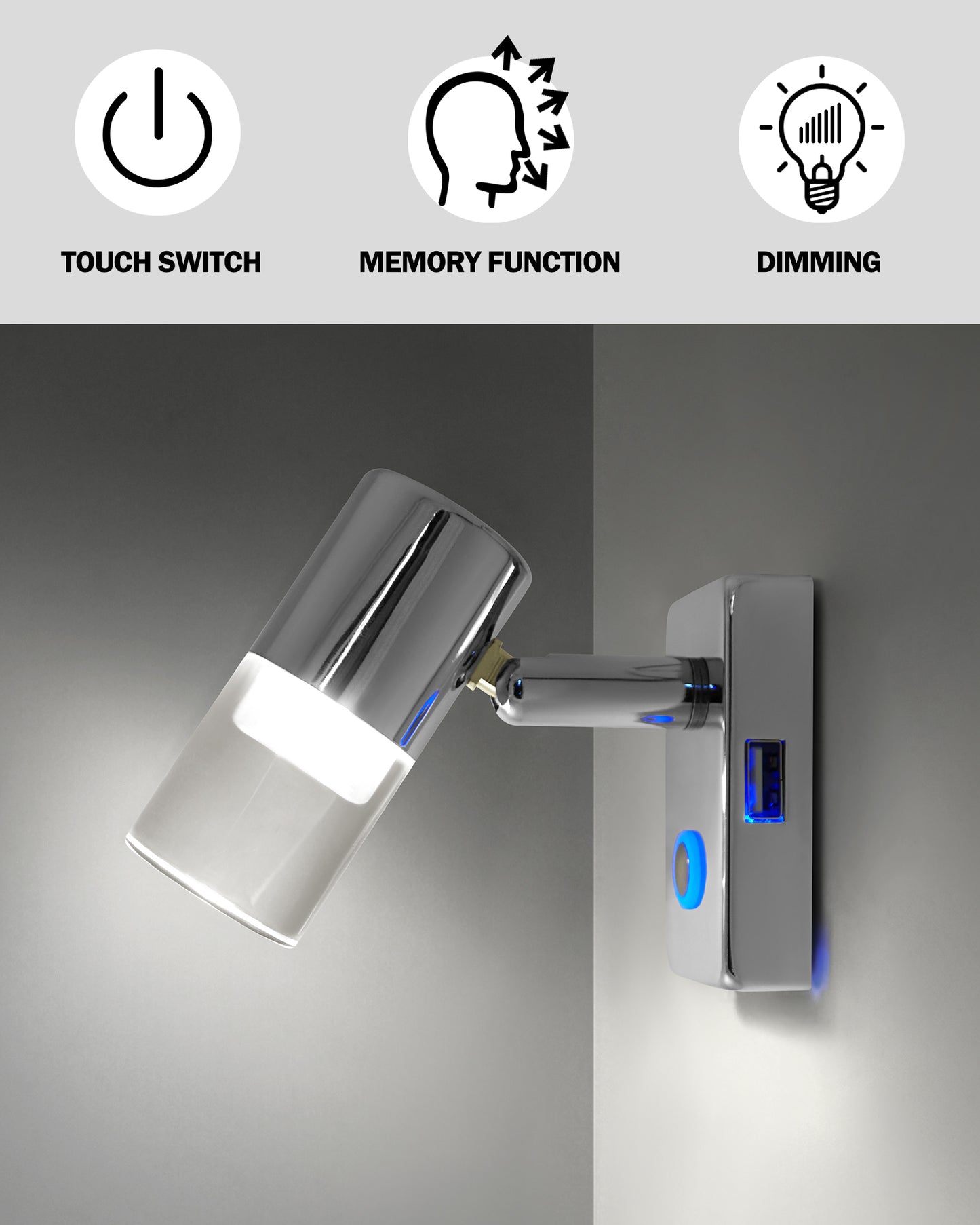 THALASSA RV Reading Light, 2 Packs RV Led Lights Interior 12V with USB Port, Dimming Touch Switch with Blue Night Light, Chrome Bedside Lamp for RV Trailer Caravan Boat - THALASSA
