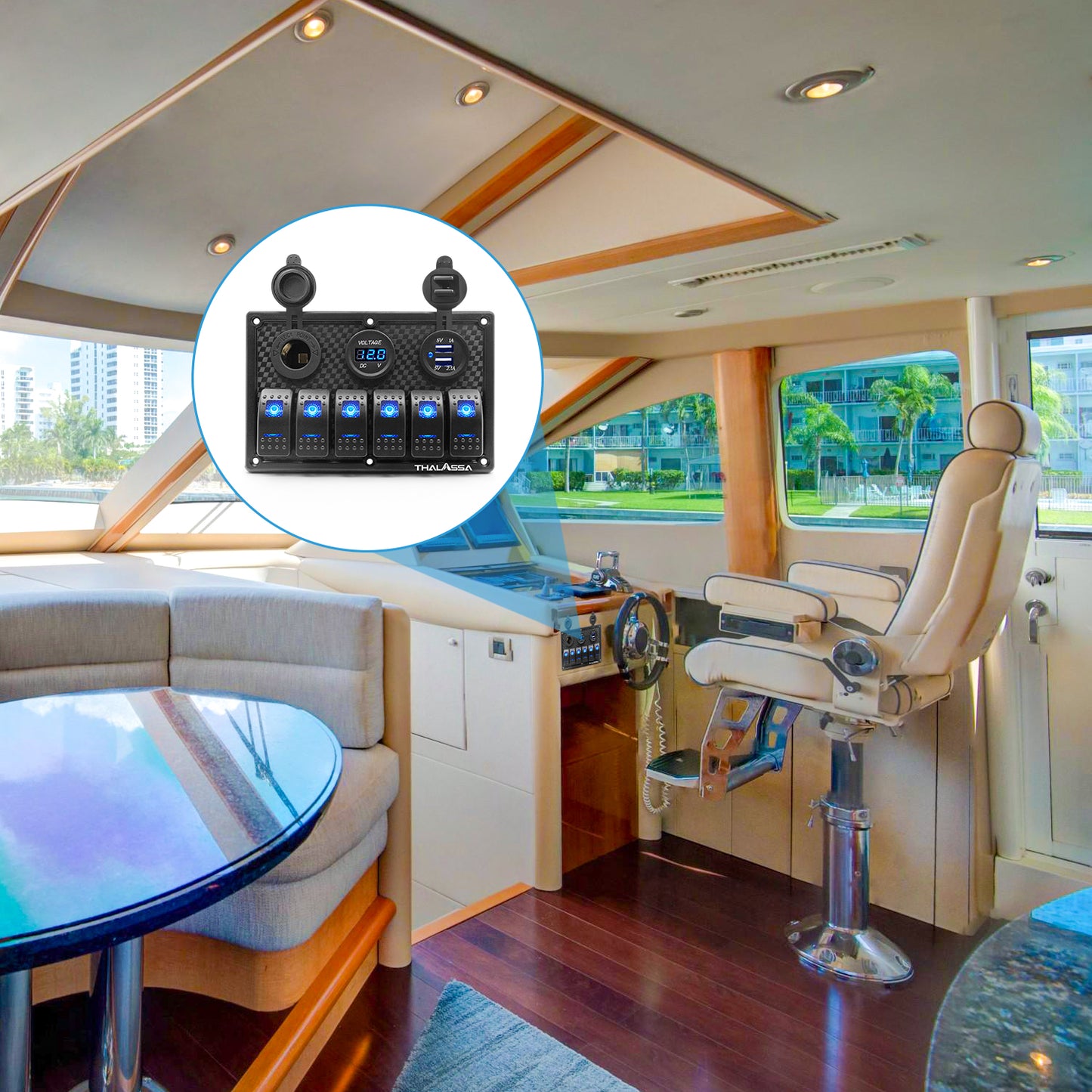 THALASSA 4/6 Gang Rocker Switch Panel, 12V/24V Waterproof Blue LED Lighted Toggle Fuse Breaker Protected Control with 12 Volt Marine USB Power Outlet for Car Boat RV Scooter Truck Vehicles - THALASSA