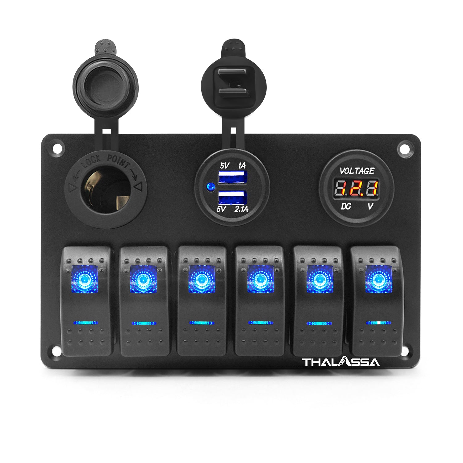THALASSA 6 Gang Blue LED Rocker Switch Panel 12V Waterproof with 3.1A Dual USB Slot Socket for Car Rv Vehicles Truck - THALASSA
