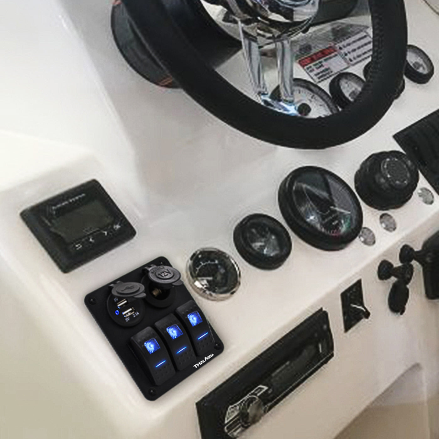 GenuineMarine-THALASSA  3 Gang Rocker Switch Panel 12V 24VDC Waterproof Multi-Function Aluminum Alloy with Dual USB Charger Socket & Cigarette Lighter Socket for Cars Rvs Trucks - THALASSA