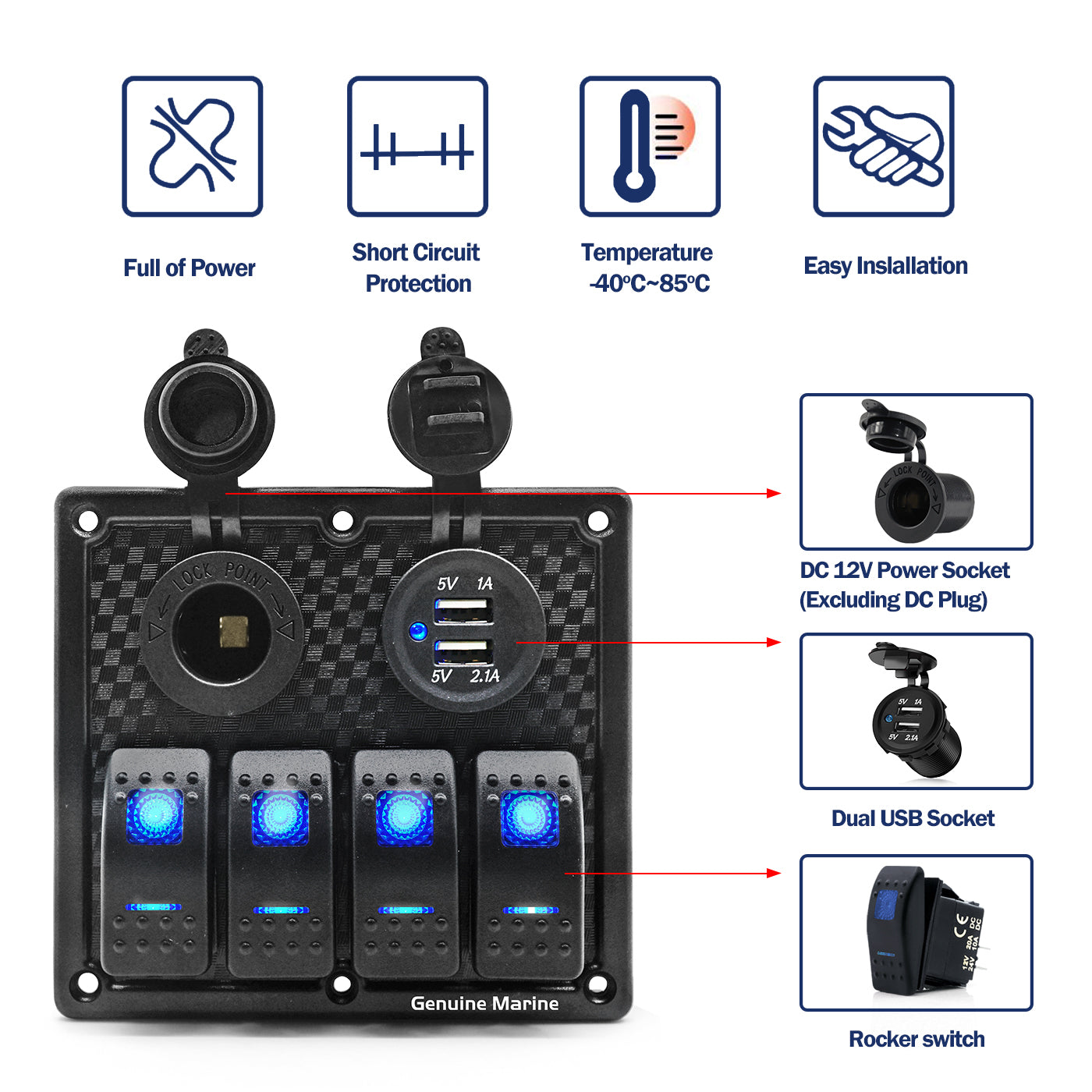 GenuineMarine 3/4 Gang Rocker Switch Panel 12V LED Lighted Fuse Breaker Protected - THALASSA