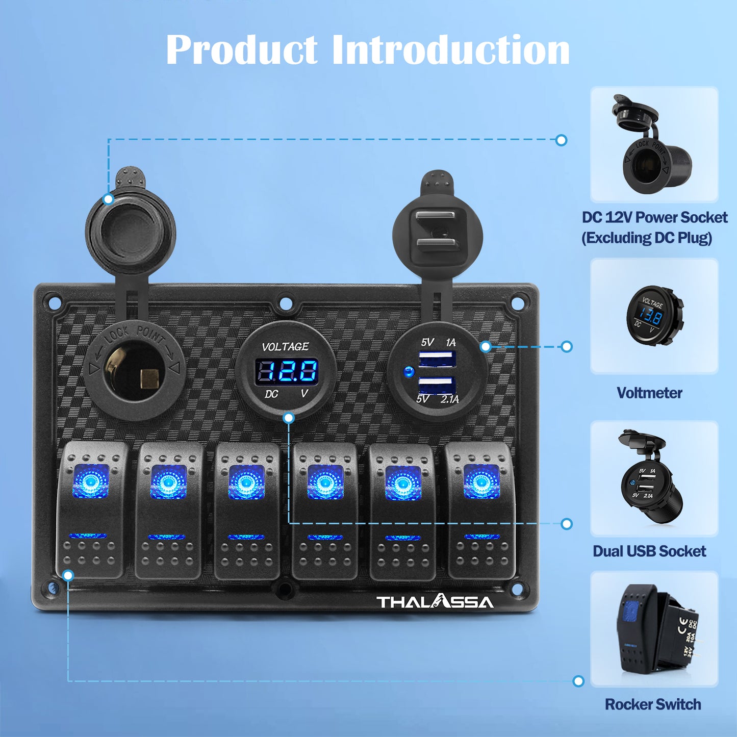 THALASSA 4/6 Gang Rocker Switch Panel, 12V/24V Waterproof Blue LED Lighted Toggle Fuse Breaker Protected Control with 12 Volt Marine USB Power Outlet for Car Boat RV Scooter Truck Vehicles - THALASSA