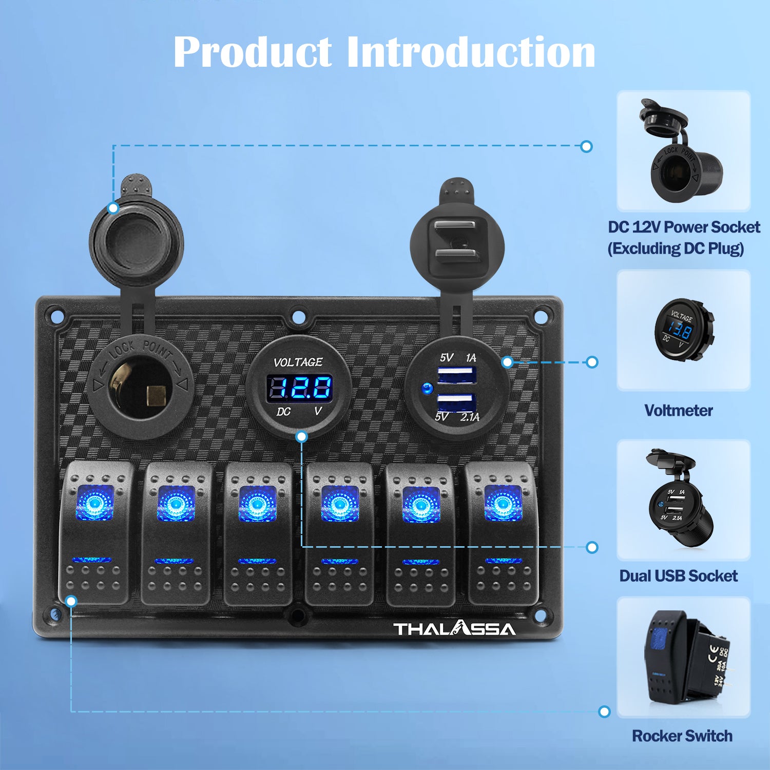 THALASSA 4/6 Gang Rocker Switch Panel, 12V/24V Waterproof Blue LED Lighted Toggle Fuse Breaker Protected Control with 12 Volt Marine USB Power Outlet for Car Boat RV Scooter Truck Vehicles - THALASSA
