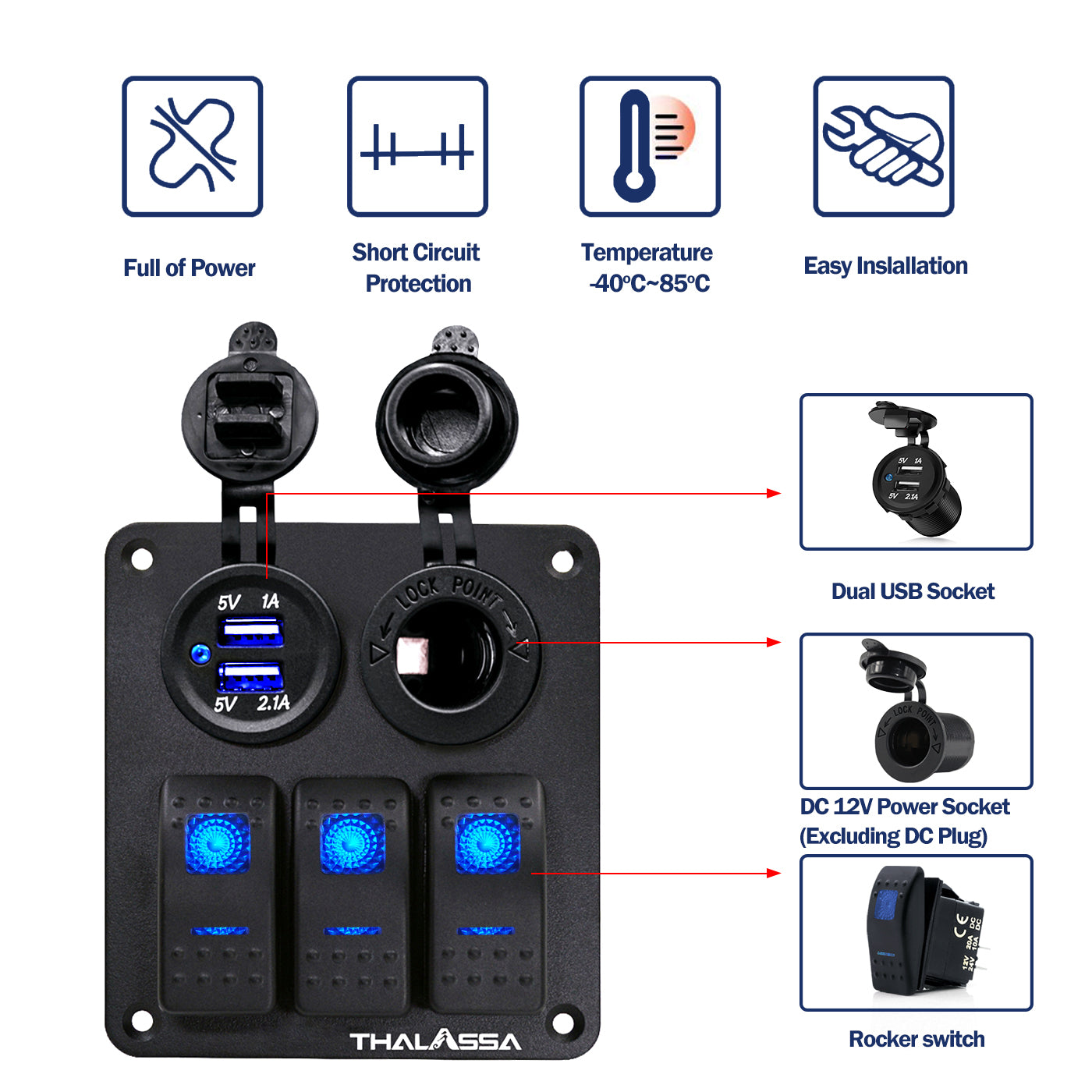 GenuineMarine-THALASSA  3 Gang Rocker Switch Panel 12V 24VDC Waterproof Multi-Function Aluminum Alloy with Dual USB Charger Socket & Cigarette Lighter Socket for Cars Rvs Trucks - THALASSA