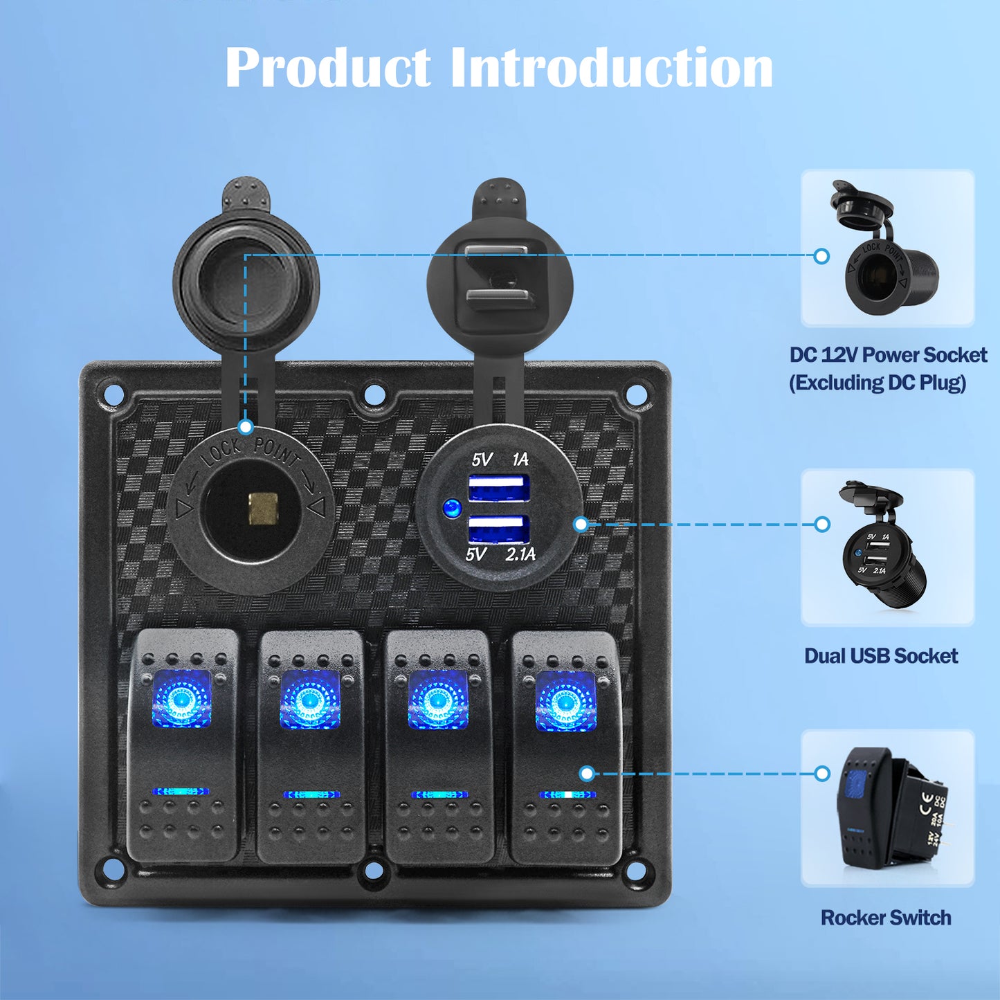 THALASSA 4/6 Gang Rocker Switch Panel, 12V/24V Waterproof Blue LED Lighted Toggle Fuse Breaker Protected Control with 12 Volt Marine USB Power Outlet for Car Boat RV Scooter Truck Vehicles - THALASSA