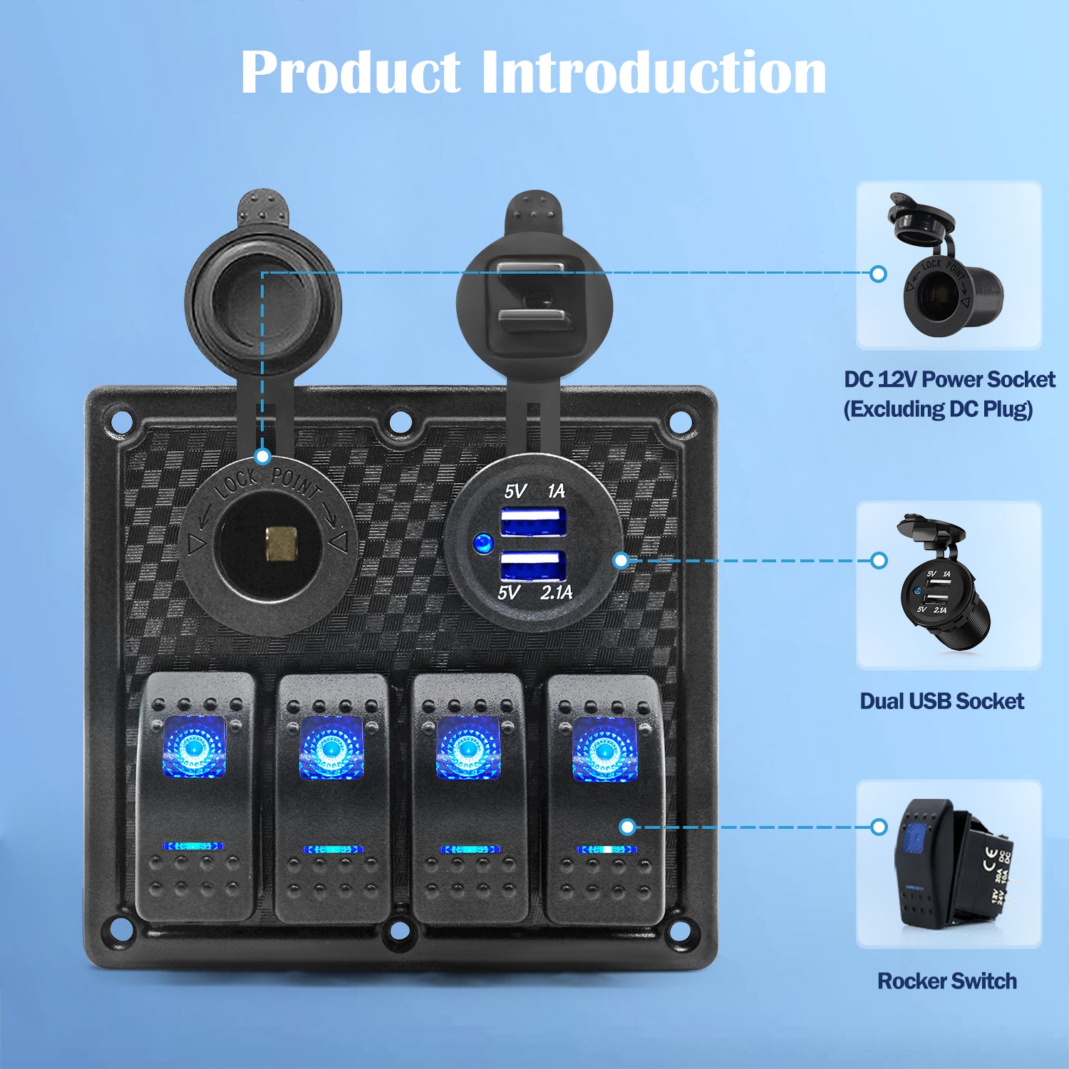 THALASSA 4/6 Gang Rocker Switch Panel, 12V/24V Waterproof Blue LED Lighted Toggle Fuse Breaker Protected Control with 12 Volt Marine USB Power Outlet for Car Boat RV Scooter Truck Vehicles - THALASSA
