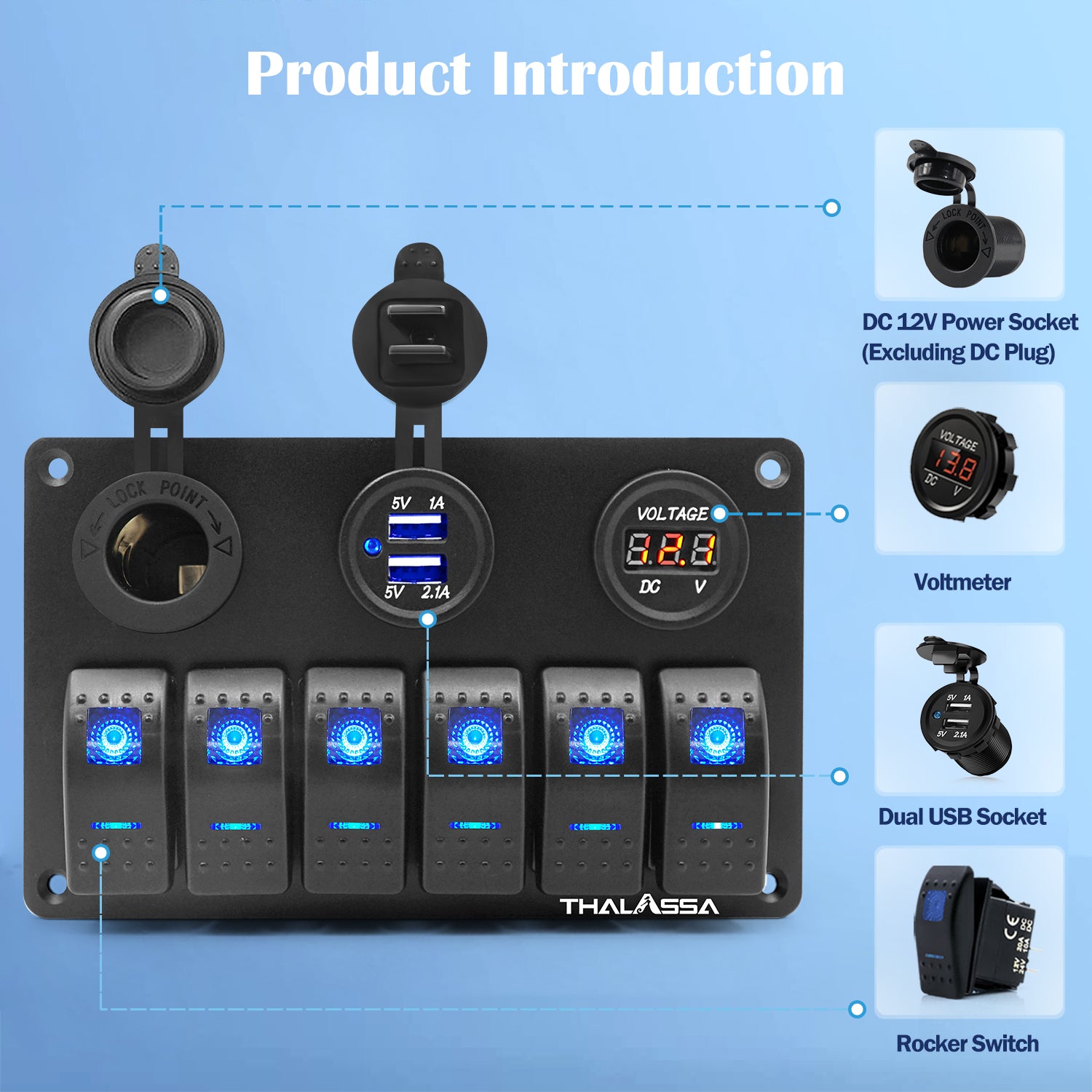THALASSA 6 Gang Blue LED Rocker Switch Panel 12V Waterproof with 3.1A Dual USB Slot Socket for Car Rv Vehicles Truck - THALASSA