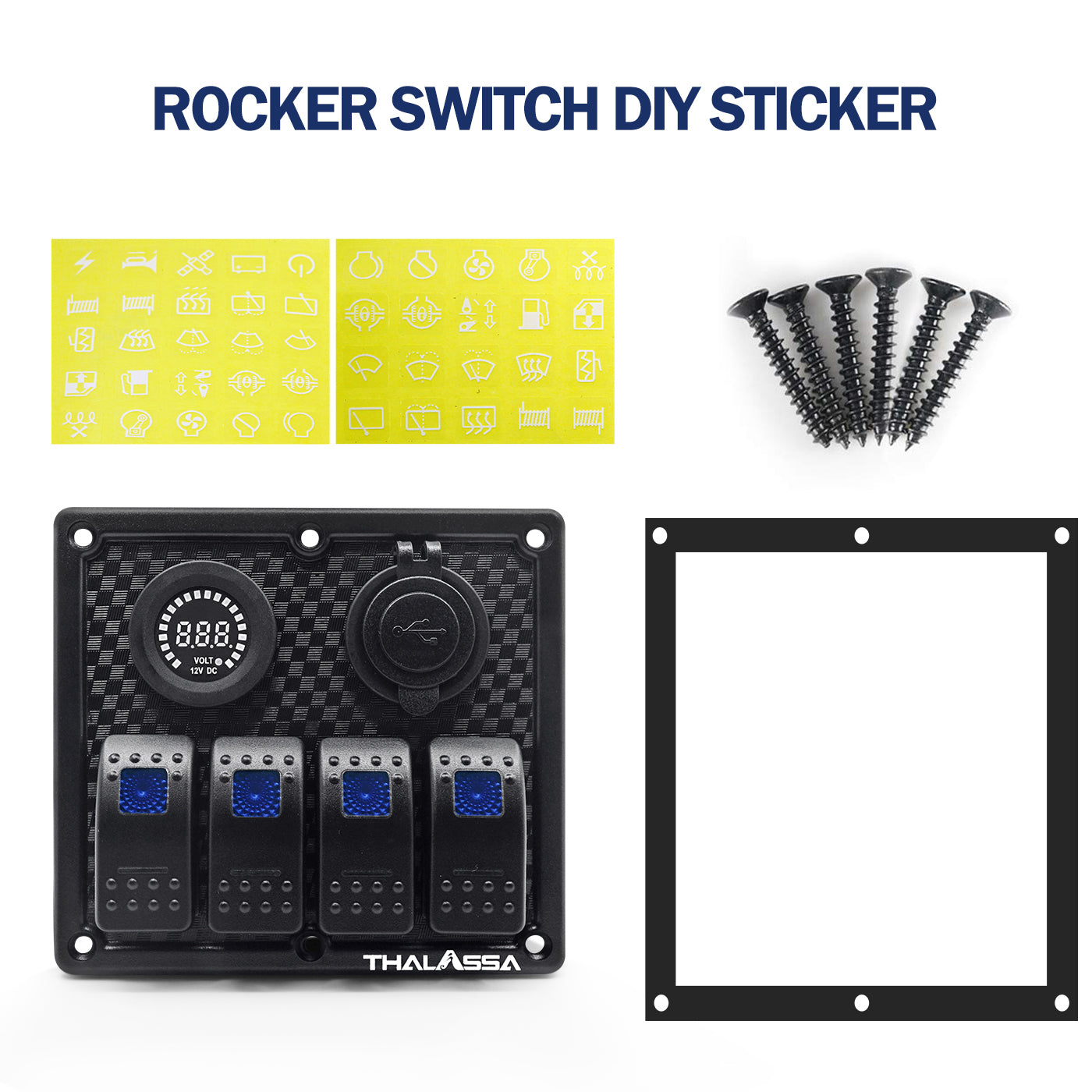 THALASSA 4/6 Gang Rocker Switch Panel, 12V/24V Waterproof Blue LED Lighted Toggle Fuse Breaker Protected Control with 12 Volt Marine USB Power Outlet for Car Boat RV Scooter Truck Vehicles - THALASSA
