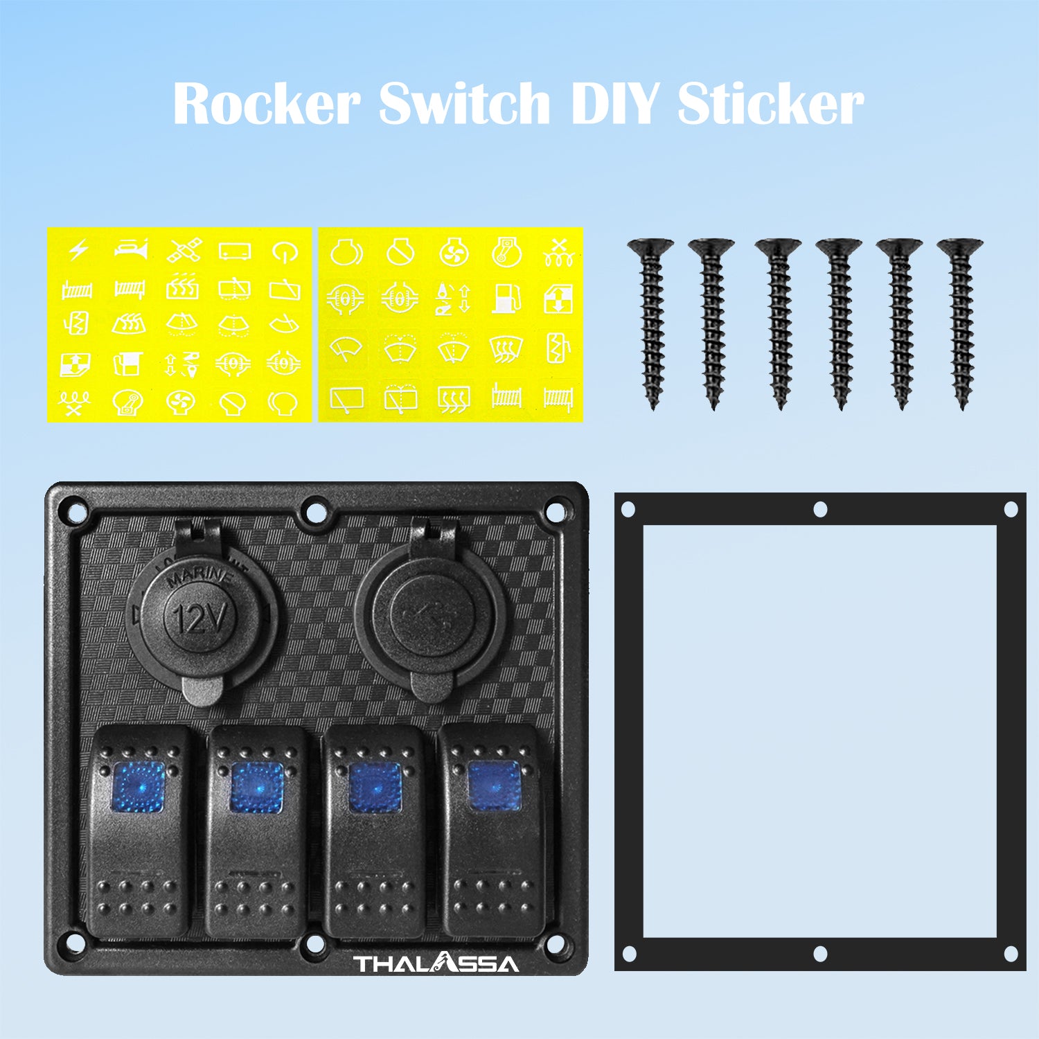 THALASSA 4/6 Gang Rocker Switch Panel, 12V/24V Waterproof Blue LED Lighted Toggle Fuse Breaker Protected Control with 12 Volt Marine USB Power Outlet for Car Boat RV Scooter Truck Vehicles - THALASSA