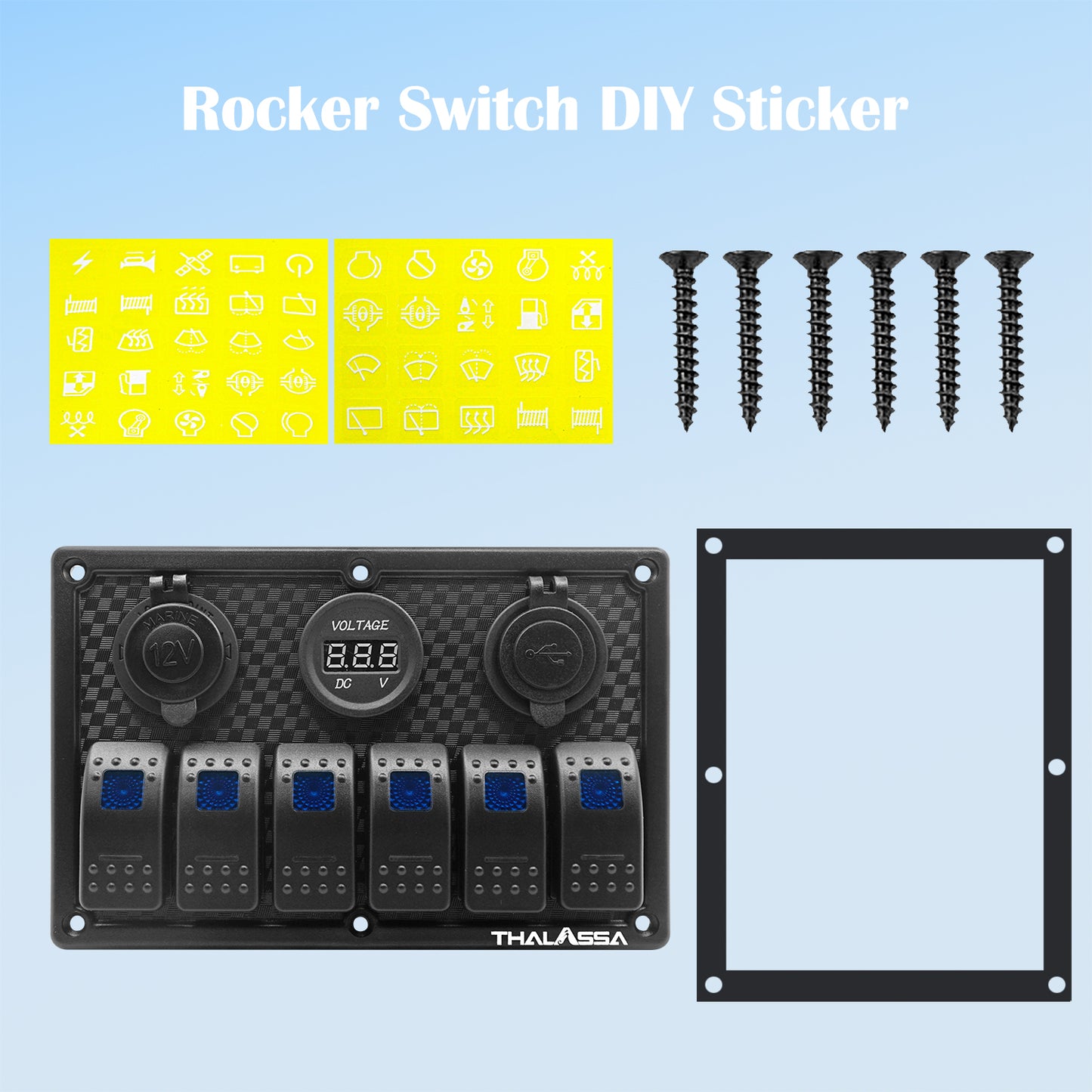 THALASSA 4/6 Gang Rocker Switch Panel, 12V/24V Waterproof Blue LED Lighted Toggle Fuse Breaker Protected Control with 12 Volt Marine USB Power Outlet for Car Boat RV Scooter Truck Vehicles - THALASSA