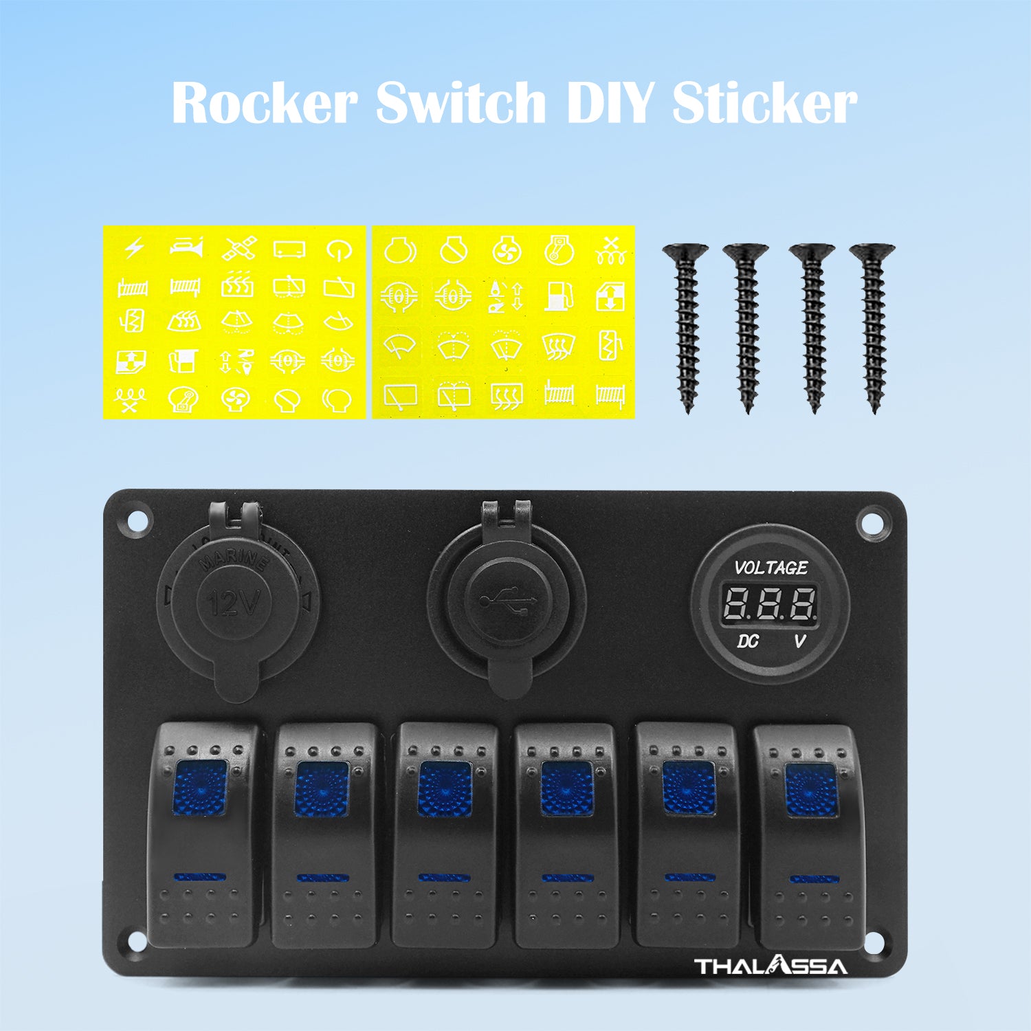 THALASSA 6 Gang Blue LED Rocker Switch Panel 12V Waterproof with 3.1A Dual USB Slot Socket for Car Rv Vehicles Truck - THALASSA
