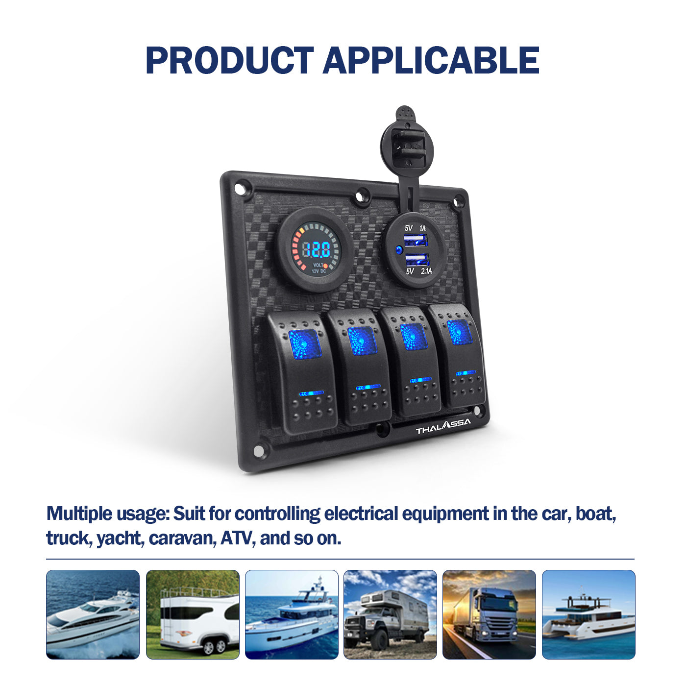 THALASSA 4/6 Gang Rocker Switch Panel, 12V/24V Waterproof Blue LED Lighted Toggle Fuse Breaker Protected Control with 12 Volt Marine USB Power Outlet for Car Boat RV Scooter Truck Vehicles - THALASSA