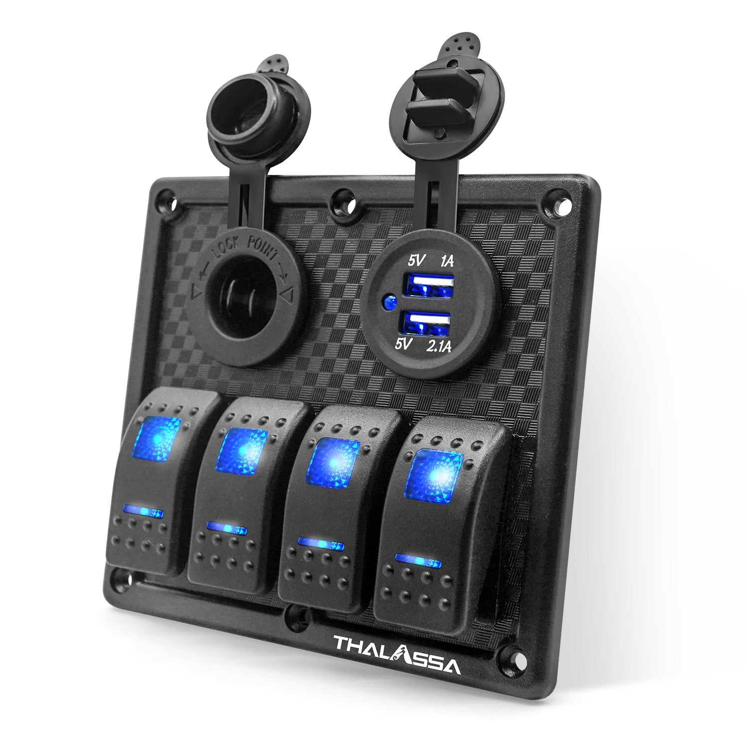 THALASSA 4/6 Gang Rocker Switch Panel, 12V/24V Waterproof Blue LED Lighted Toggle Fuse Breaker Protected Control with 12 Volt Marine USB Power Outlet for Car Boat RV Scooter Truck Vehicles - THALASSA
