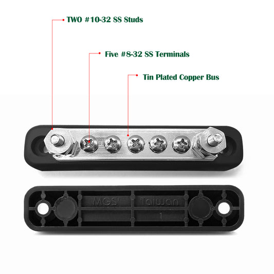 GenuineMarine 5 Terminal 300V 100A Bus Bar Kit - Heat Shrink Ring Terminals Included for Car Boat Marine Caravan RV - THALASSA