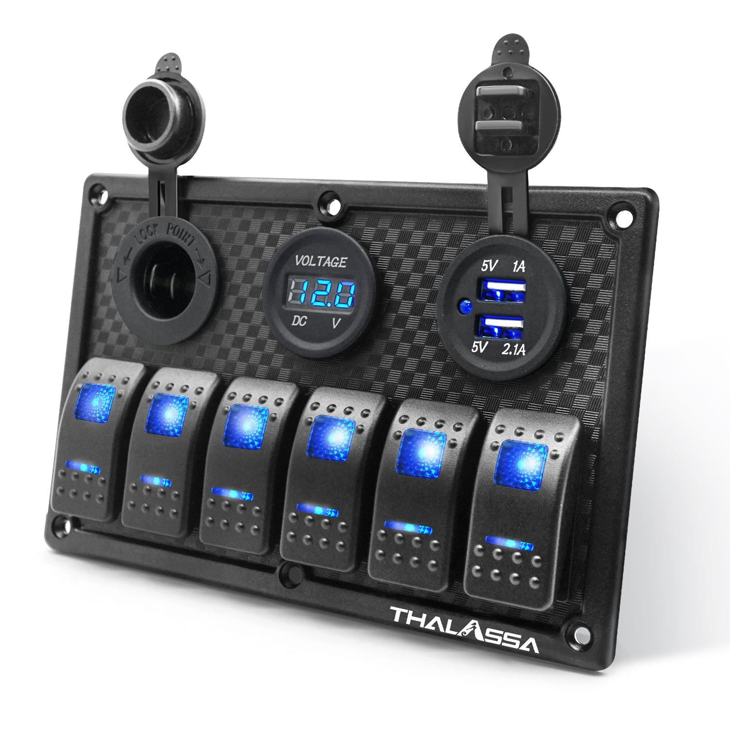 THALASSA 4/6 Gang Rocker Switch Panel, 12V/24V Waterproof Blue LED Lighted Toggle Fuse Breaker Protected Control with 12 Volt Marine USB Power Outlet for Car Boat RV Scooter Truck Vehicles - THALASSA
