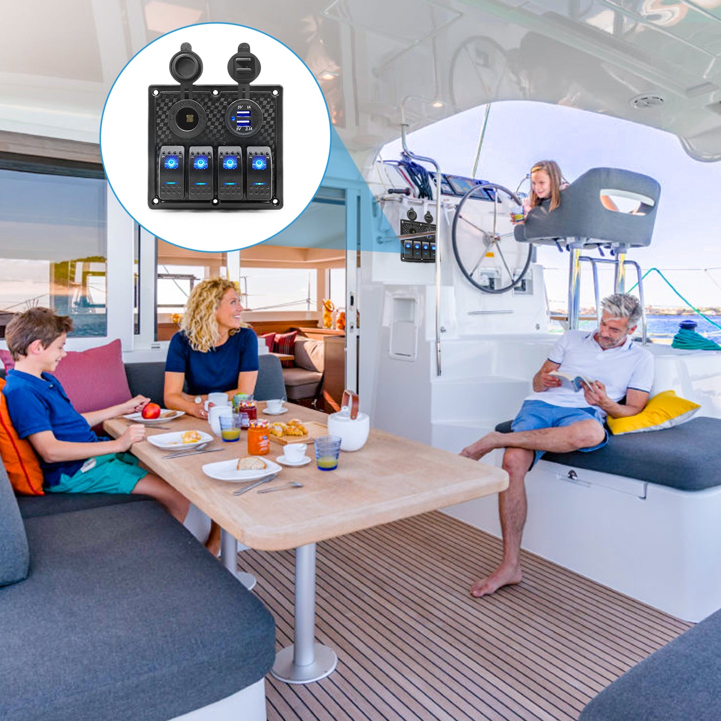 THALASSA 4/6 Gang Rocker Switch Panel, 12V/24V Waterproof Blue LED Lighted Toggle Fuse Breaker Protected Control with 12 Volt Marine USB Power Outlet for Car Boat RV Scooter Truck Vehicles - THALASSA