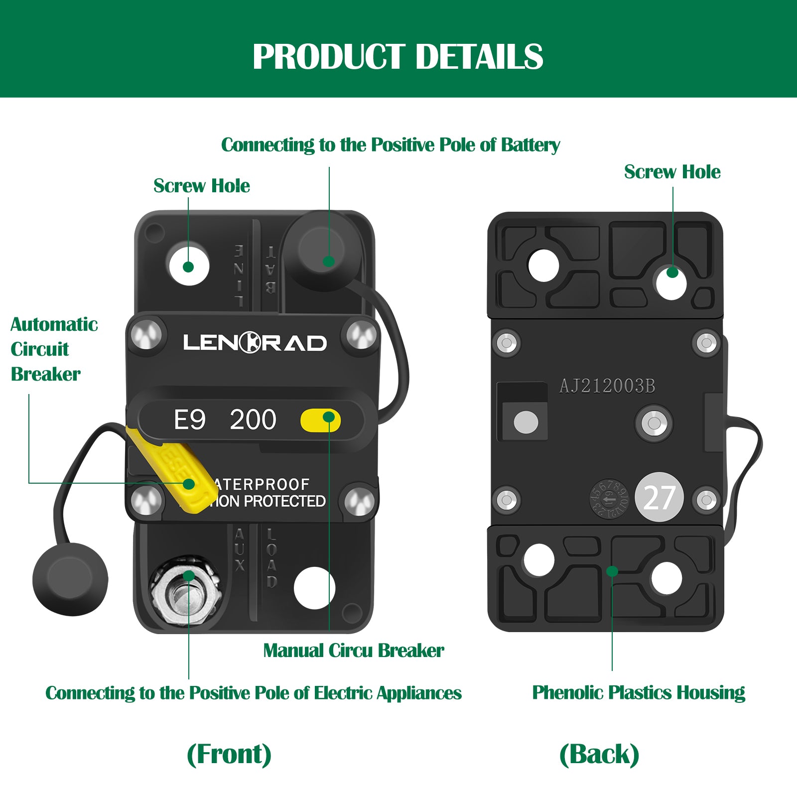 LENKRAD 200 Amp Marine Circuit Breaker with Manual Reset Switch Button for Boat Marine RV Yacht, 12V - 48V DC, Waterproof, Surface Mount(200 Amp Circuit Breaker) - THALASSA