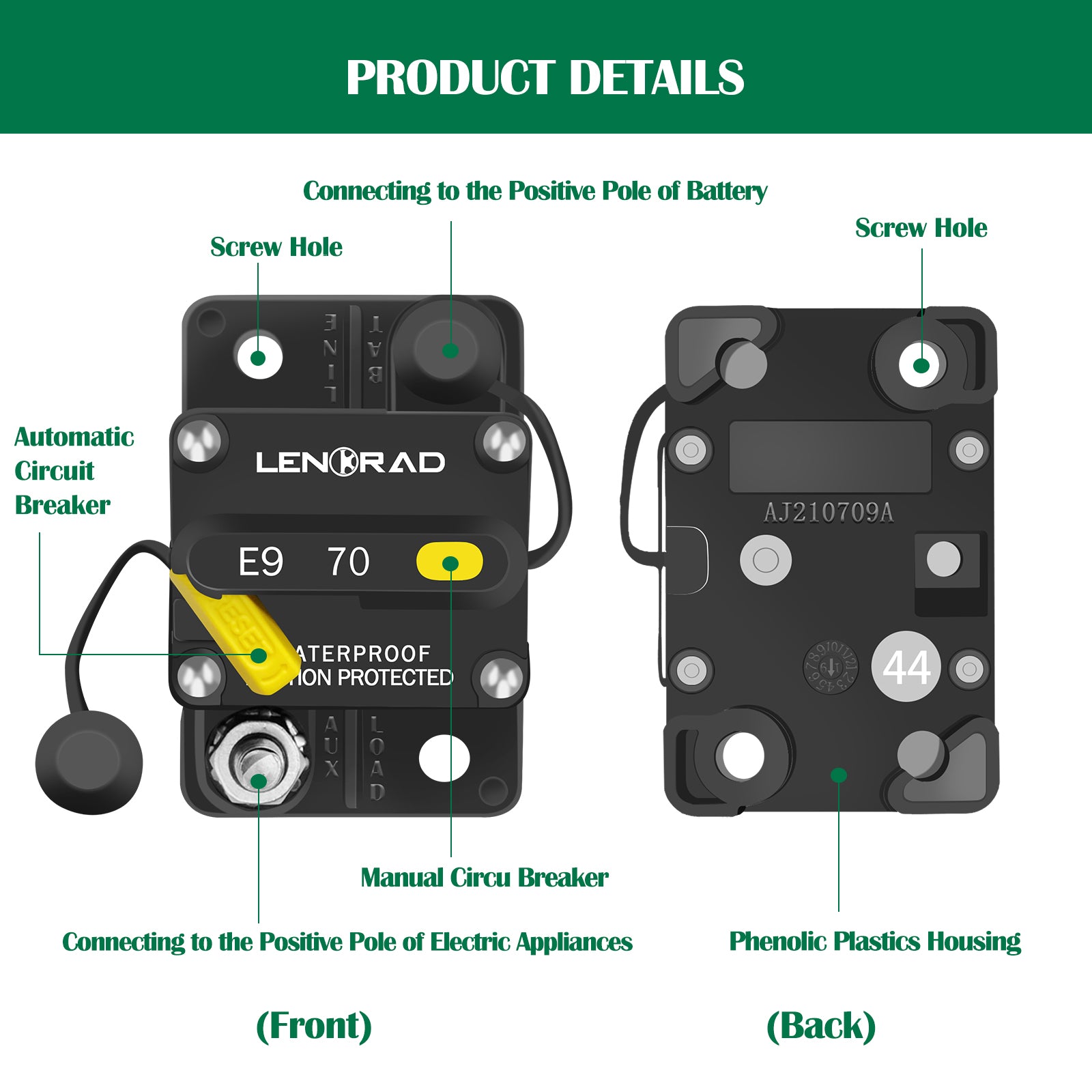 LENKRAD 70 Amp Circuit Breaker 12V with Manual Reset Switch Button for Boat Marine RV Yacht, Boat Circuit Breakers 12V - 48V DC, Waterproof(Surface Mount) - THALASSA