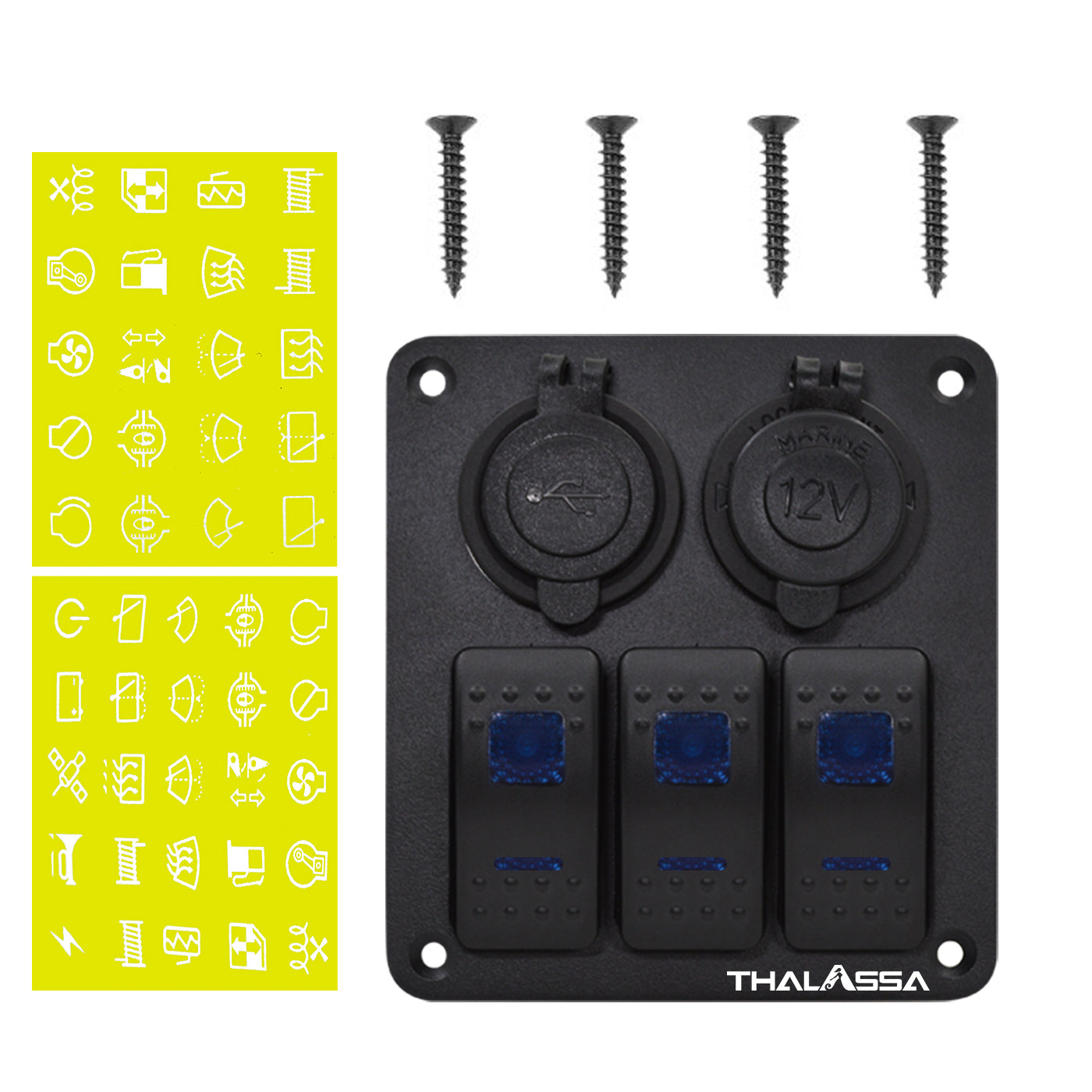 GenuineMarine-THALASSA  3 Gang Rocker Switch Panel 12V 24VDC Waterproof Multi-Function Aluminum Alloy with Dual USB Charger Socket & Cigarette Lighter Socket for Cars Rvs Trucks - THALASSA
