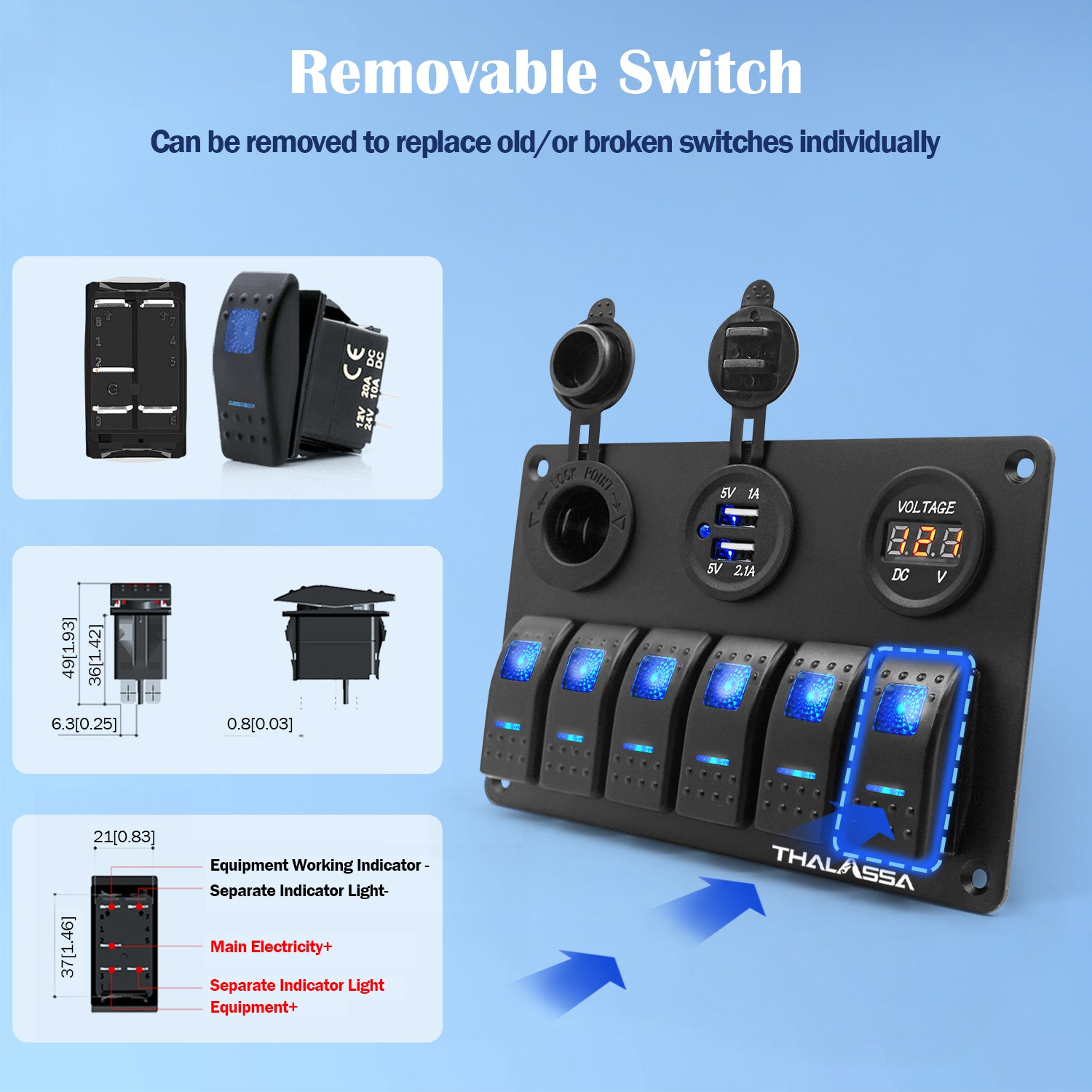 THALASSA 6 Gang Blue LED Rocker Switch Panel 12V Waterproof with 3.1A Dual USB Slot Socket for Car Rv Vehicles Truck - THALASSA