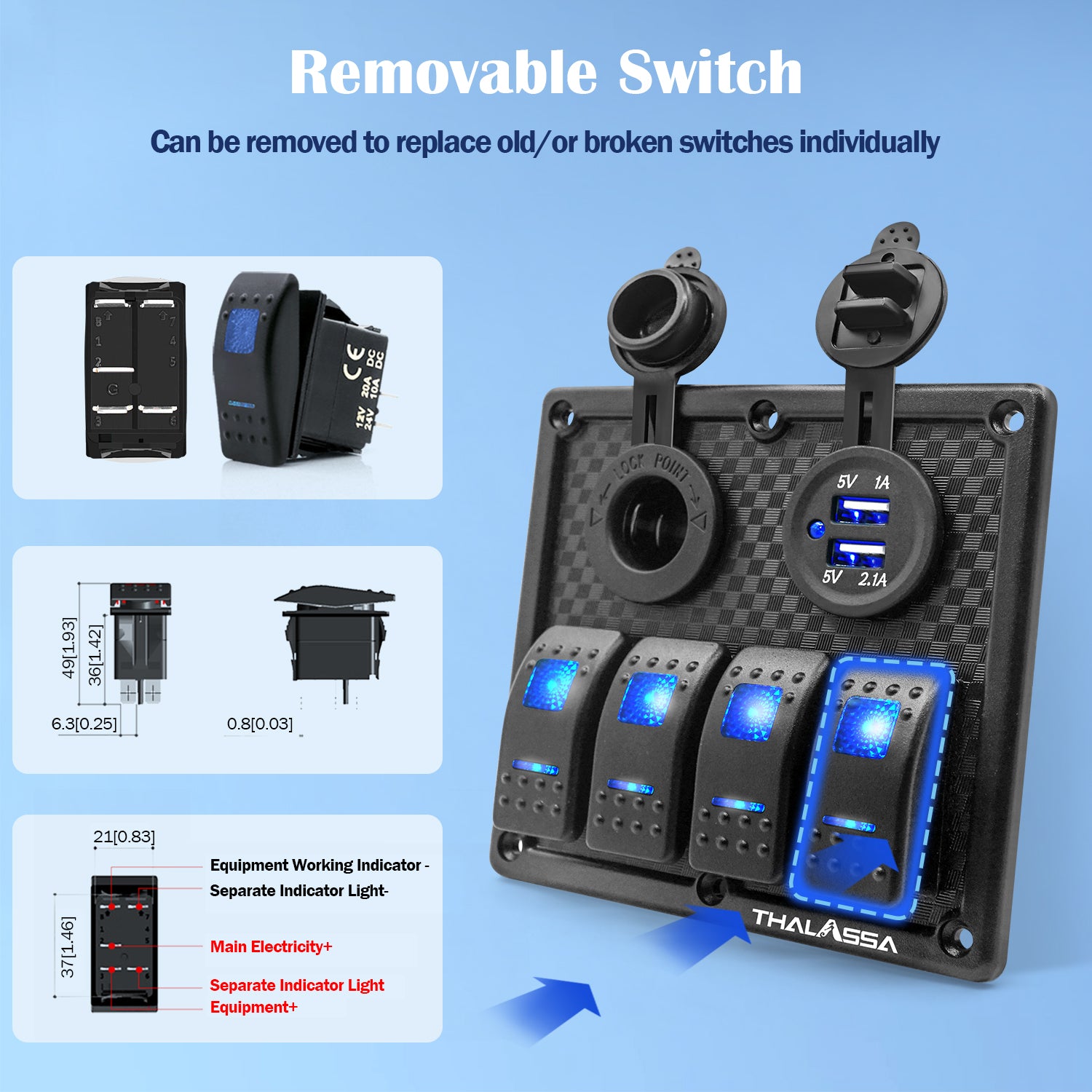 THALASSA 4/6 Gang Rocker Switch Panel, 12V/24V Waterproof Blue LED Lighted Toggle Fuse Breaker Protected Control with 12 Volt Marine USB Power Outlet for Car Boat RV Scooter Truck Vehicles - THALASSA
