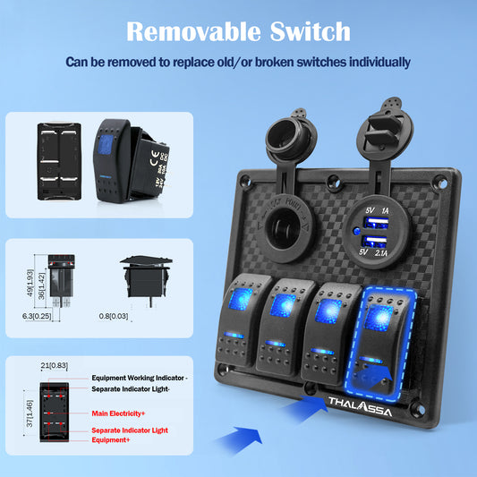 THALASSA 4/6 Gang Rocker Switch Panel, 12V/24V Waterproof Blue LED Lighted Toggle Fuse Breaker Protected Control with 12 Volt Marine USB Power Outlet for Car Boat RV Scooter Truck Vehicles - THALASSA
