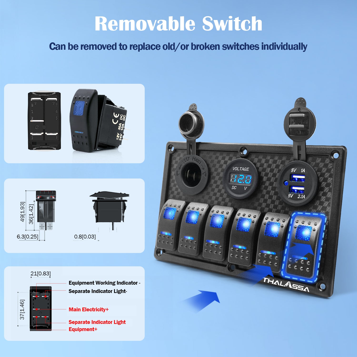 THALASSA 4/6 Gang Rocker Switch Panel, 12V/24V Waterproof Blue LED Lighted Toggle Fuse Breaker Protected Control with 12 Volt Marine USB Power Outlet for Car Boat RV Scooter Truck Vehicles - THALASSA