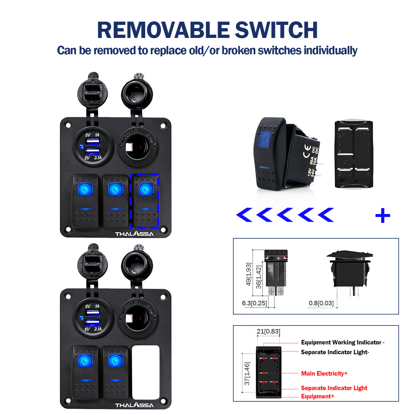 GenuineMarine-THALASSA  3 Gang Rocker Switch Panel 12V 24VDC Waterproof Multi-Function Aluminum Alloy with Dual USB Charger Socket & Cigarette Lighter Socket for Cars Rvs Trucks - THALASSA