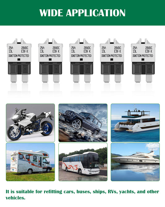 LENKRAD 25 Amp Resettable Fuse Breaker Fuse Low Profile ATC/ATO 25A Manual Reset Fuses 12V-32V DC, 5 Packs - THALASSA
