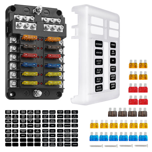 GenuineMarine 12-Way ATC/ATO/ATS Blade Fuse Box Holder with Negative Ground Connections, LED Warning Indicator, Standard Fuse, Bolt Connect Terminals, 30A Per Circuit, for RV Auto Truck Vehicle - THALASSA