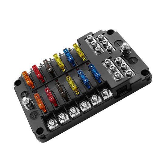 GenuineMarine 12-Way ATC/ATO/ATS Blade Fuse Box Holder with Negative Ground Connections, LED Warning Indicator, Standard Fuse, Bolt Connect Terminals, 30A Per Circuit, for RV Auto Truck Vehicle - THALASSA