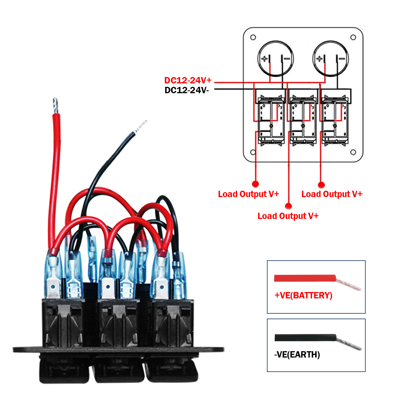 GenuineMarine-THALASSA  3 Gang Rocker Switch Panel 12V 24VDC Waterproof Multi-Function Aluminum Alloy with Dual USB Charger Socket & Cigarette Lighter Socket for Cars Rvs Trucks - THALASSA