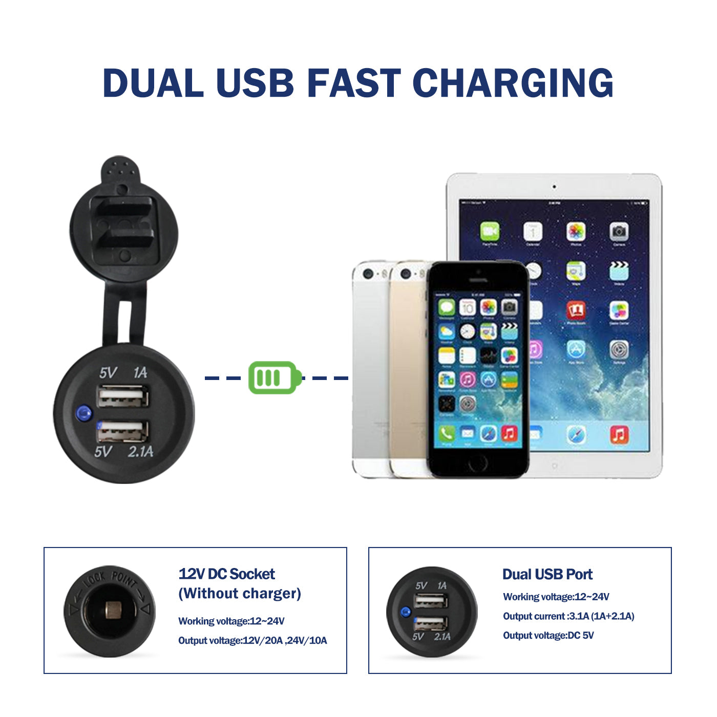 GenuineMarine-THALASSA  3 Gang Rocker Switch Panel 12V 24VDC Waterproof Multi-Function Aluminum Alloy with Dual USB Charger Socket & Cigarette Lighter Socket for Cars Rvs Trucks - THALASSA