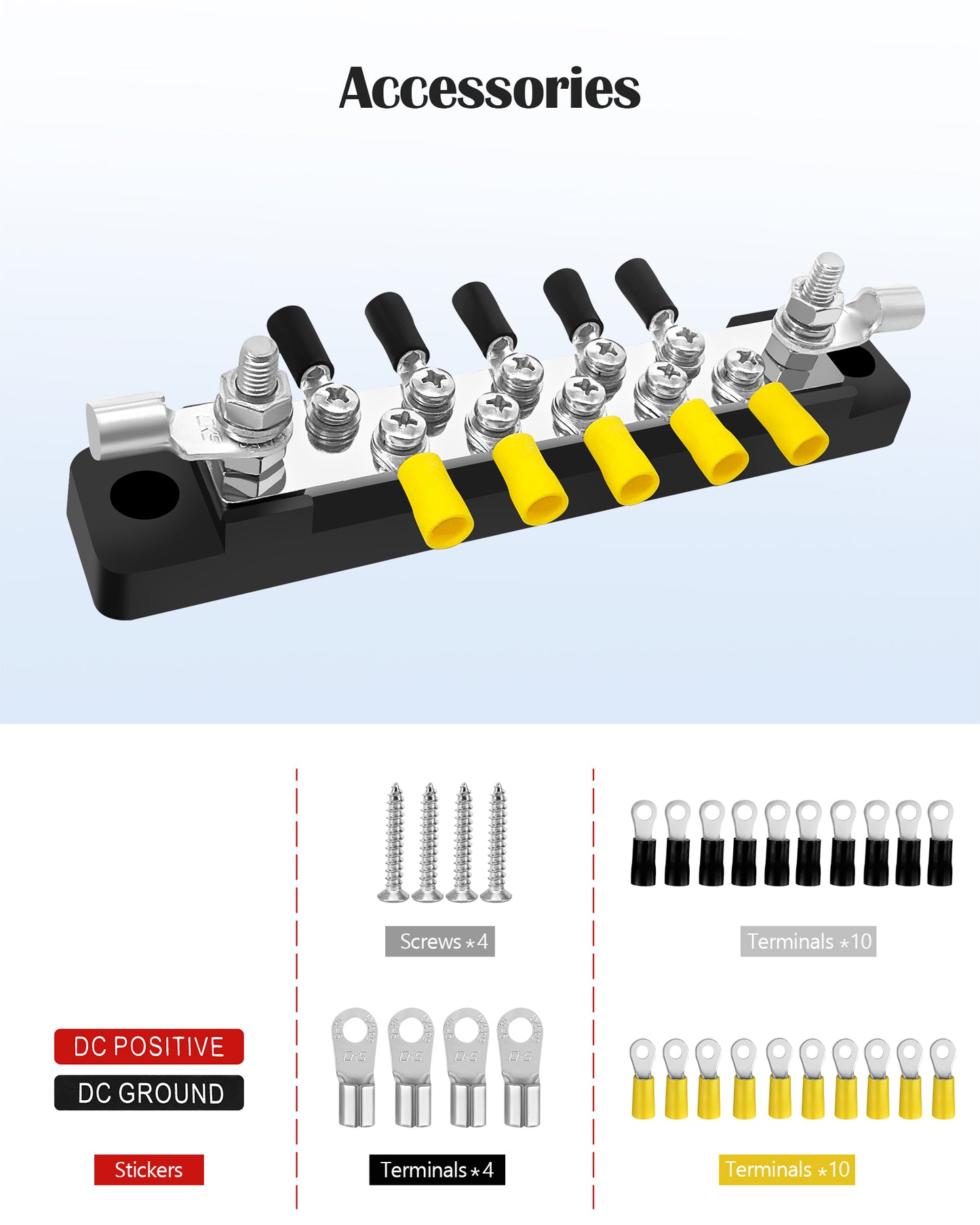 LENKRAD 2 Packs 150A Battery Bus Bar - 10 Terminal Power Distribution Block Bus Bars with Ring Terminals, 10 Way 8/32" Screws, 2 Way 1/4" Studs